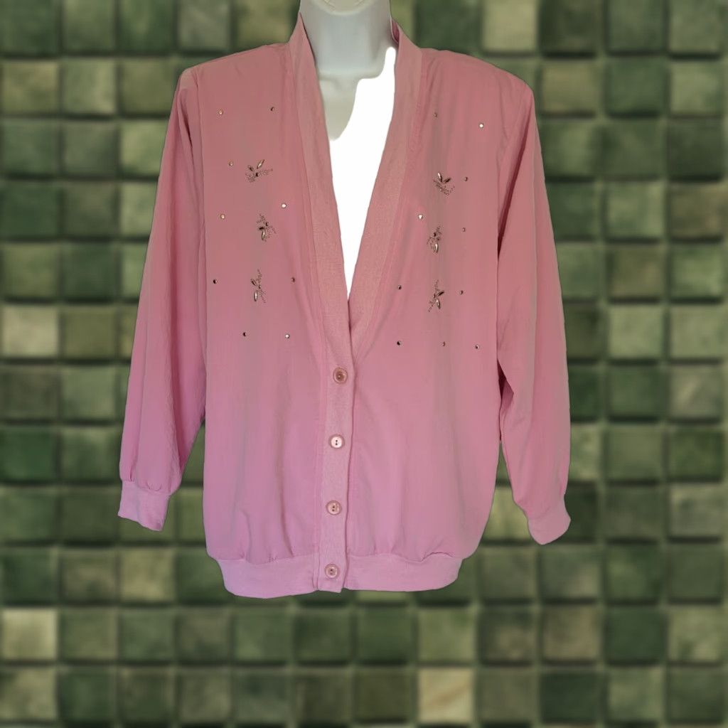 VINTAGE 1980s Pink Cardigan Jacket Womens 14 Light Embellished Button Front Knit Light