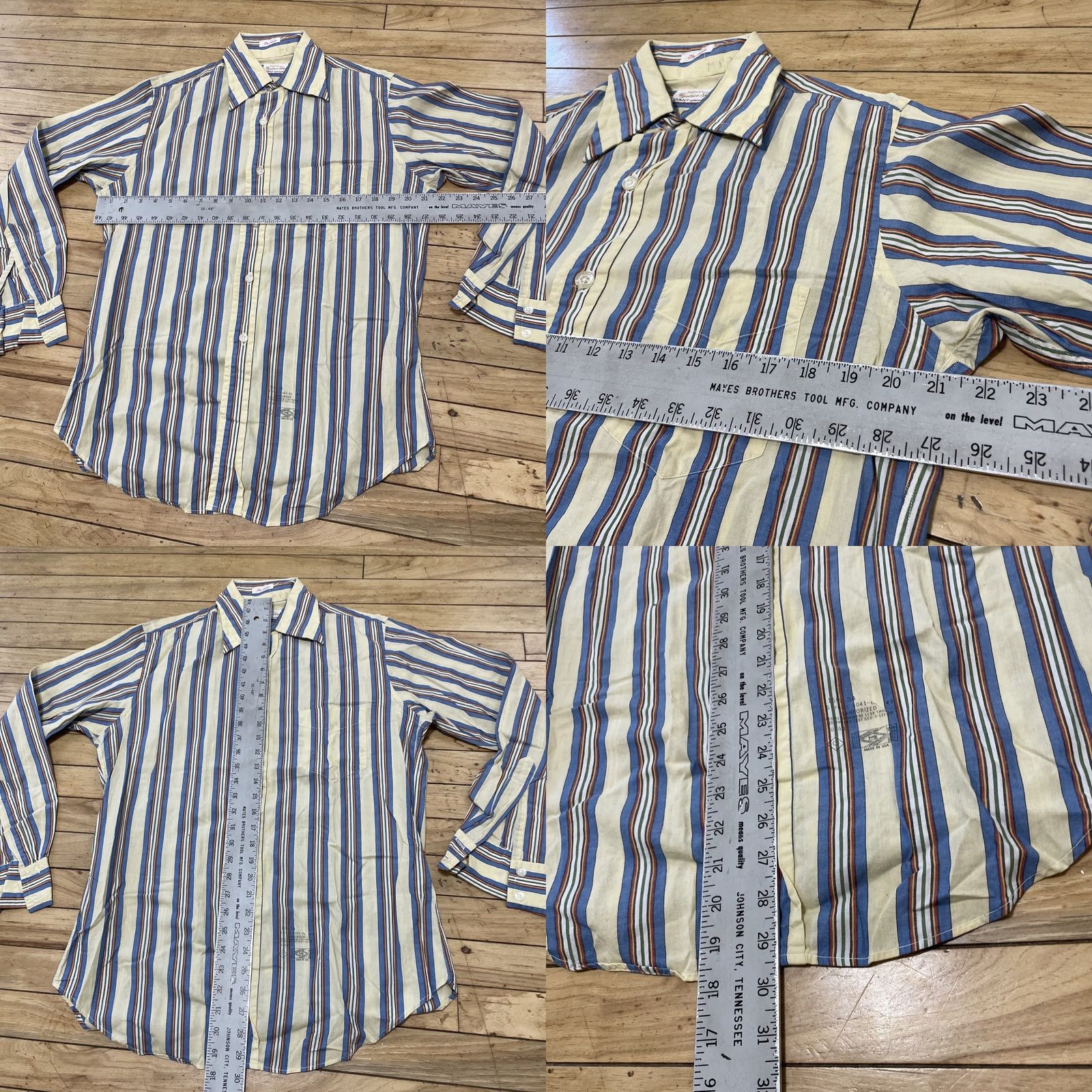 Gant VINTAGE GANT Shirt Regular 15.5 34 Blue Yellow Cream Green Striped Button-Up Western Cowboy 70s 90s Bohemian Grandpa Point Collar USA Mens Size US L / EU 52-54 / 3 - 8 Thumbnail