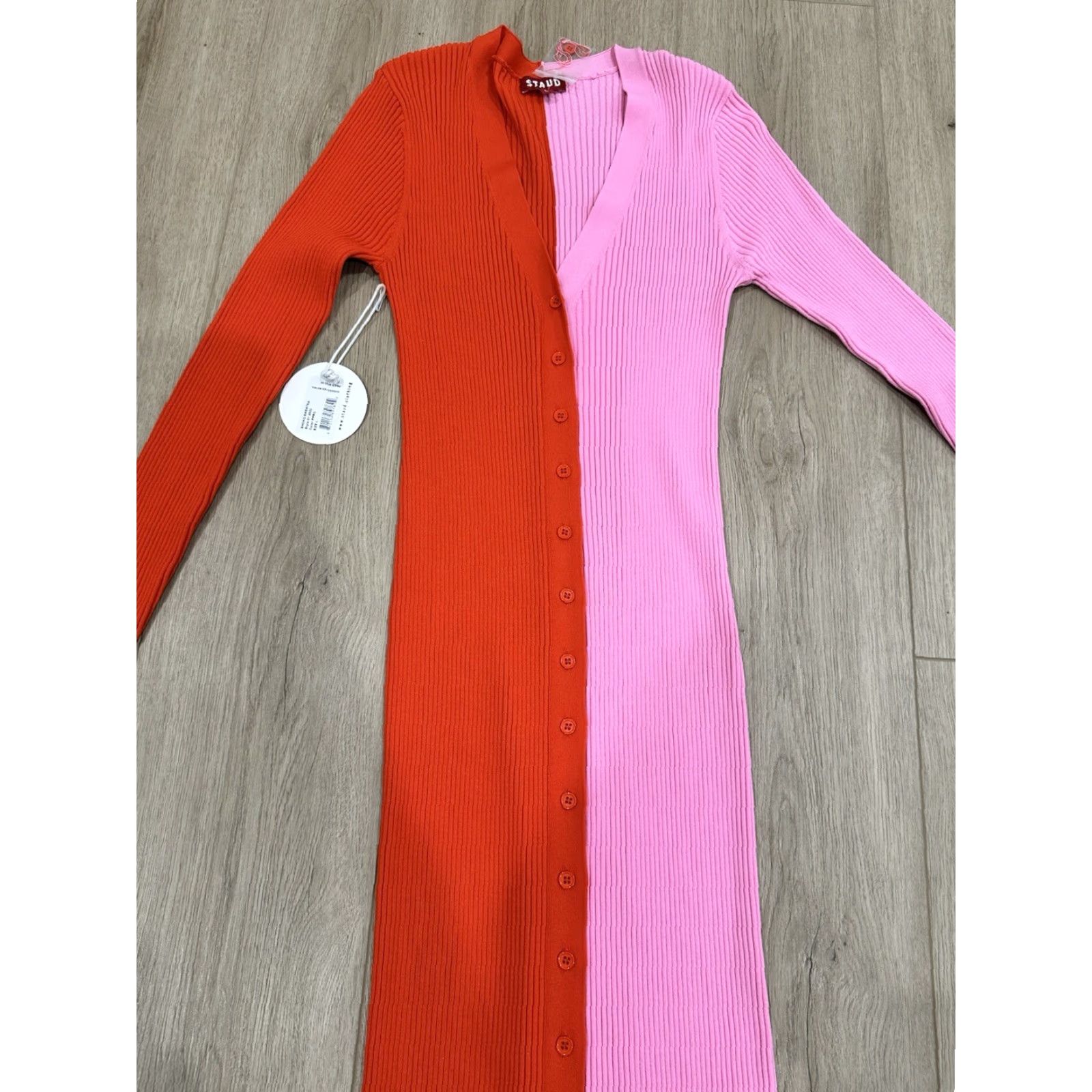Staud STAUD Shoko Colorblock Sweater Dress Women L Red/Pink Midi V-Neck Long Sleeve Bodycon NWT Size L / US 10 / IT 46 - 3 Thumbnail