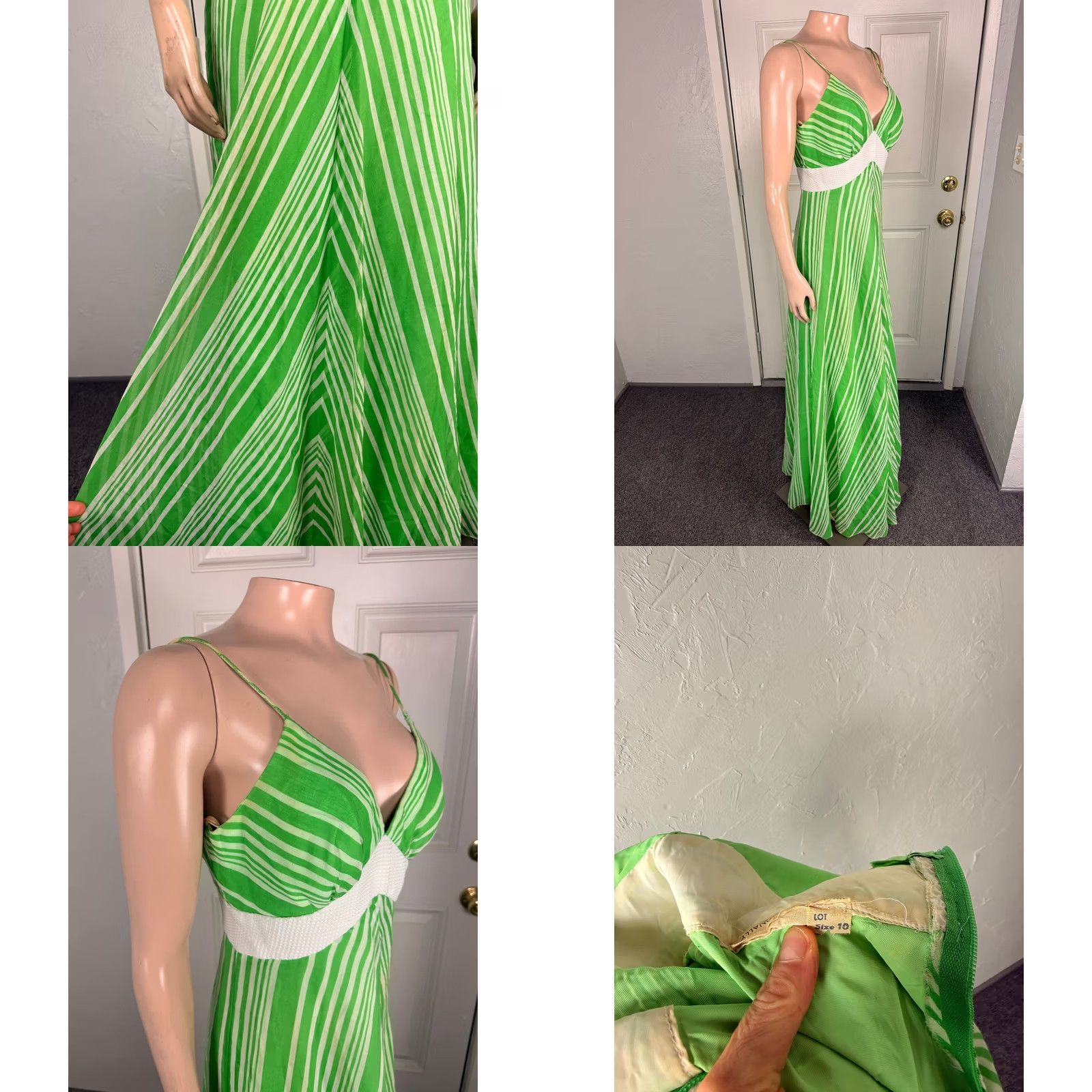 Vintage VINTAGE 1970s Women's Maxi Dress Cotton Polyester Green 10 S Striped V neck Party K3-21 Size S / US 4 / IT 40 - 9 Thumbnail