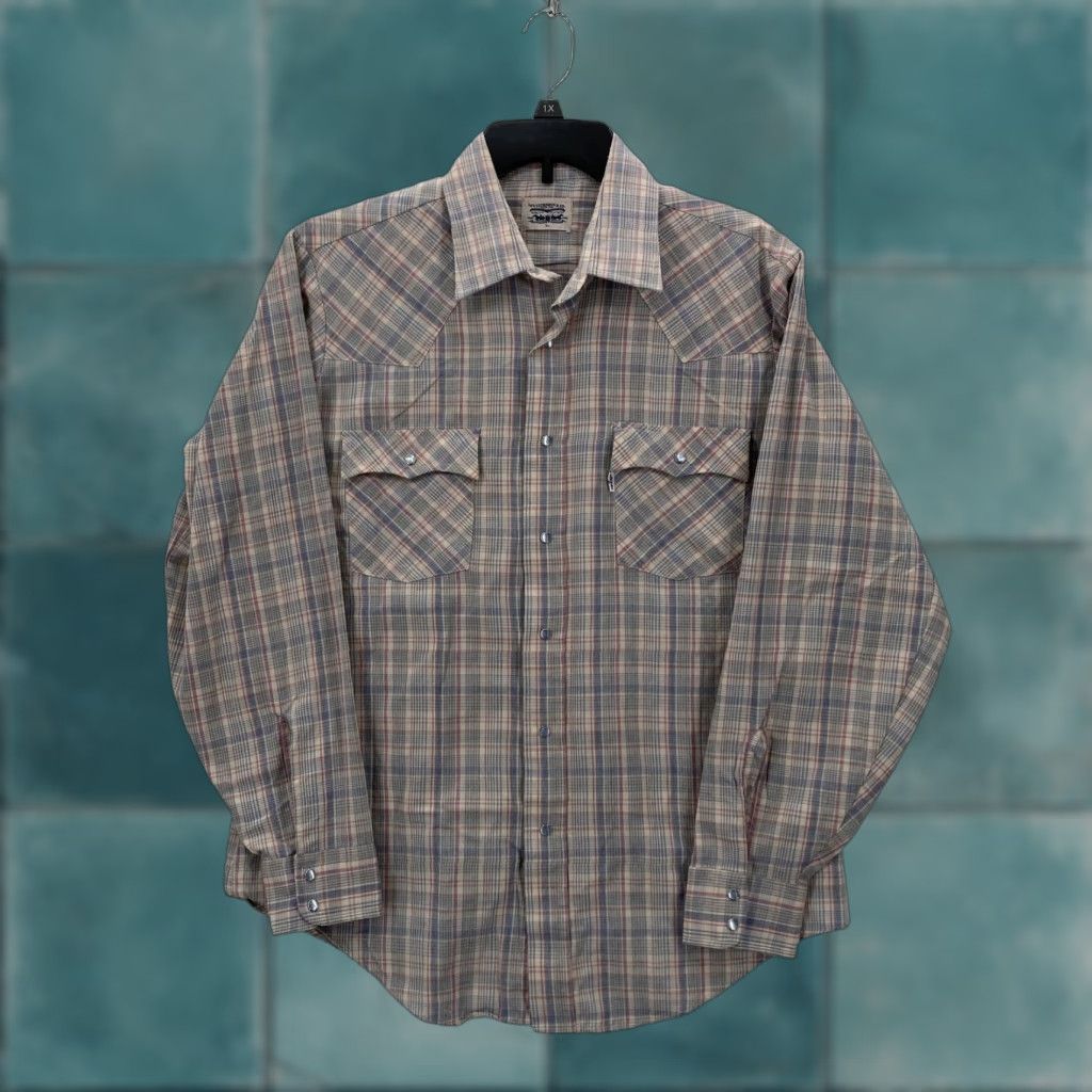Levi's VINTAGE Levi's Pearl Snap Shirt Mens Large Gray Plaid Western Long Sleeve 70s Size US L / EU 52-54 / 3 - 1 Thumbnail
