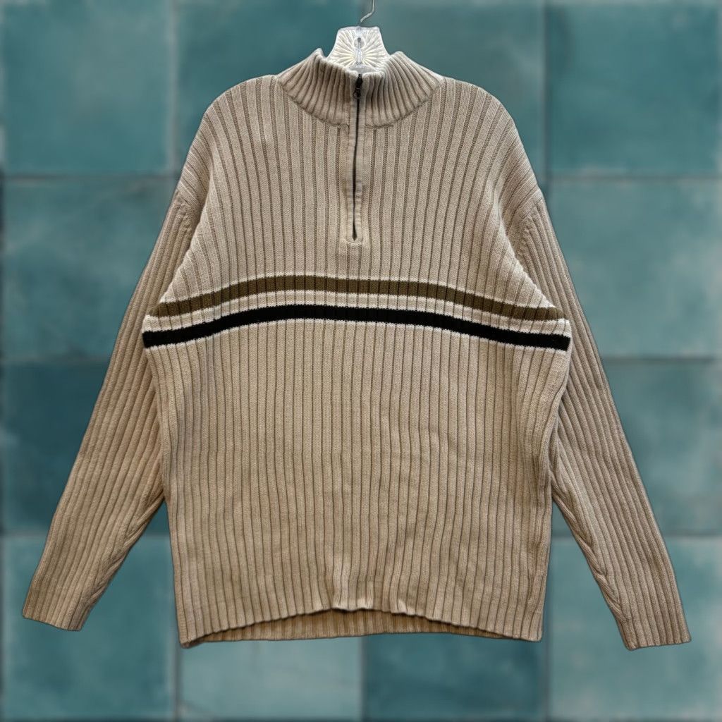 Old Navy VINTAGE Old Navy 1/4 Zip Sweater Mens 2XL Beige Khaki Stripe Rib Knit Shirt Size US XXL / EU 58 / 5 - 1 Thumbnail