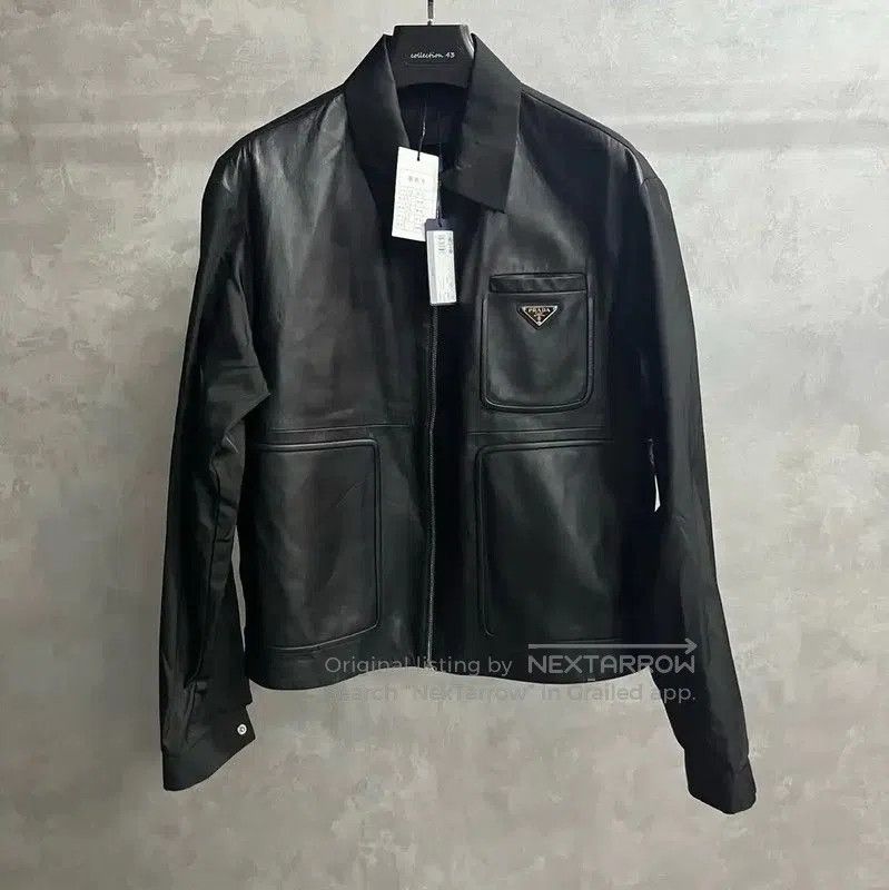 Prada Black Leather Men's Outerwear Jacket.