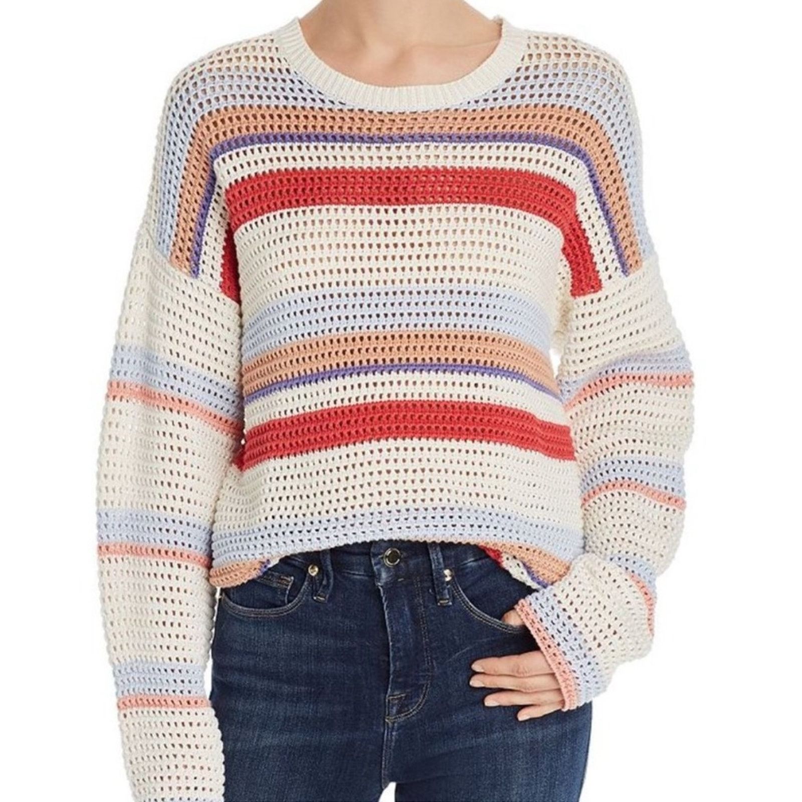 Joie oie Diza White Multicolor Striped Open Knit Cropped Sweater Size S / US 4 / IT 40 - 1 Thumbnail