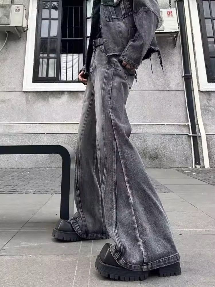 Washed Grey Baggy Stacked Flare Jeans
