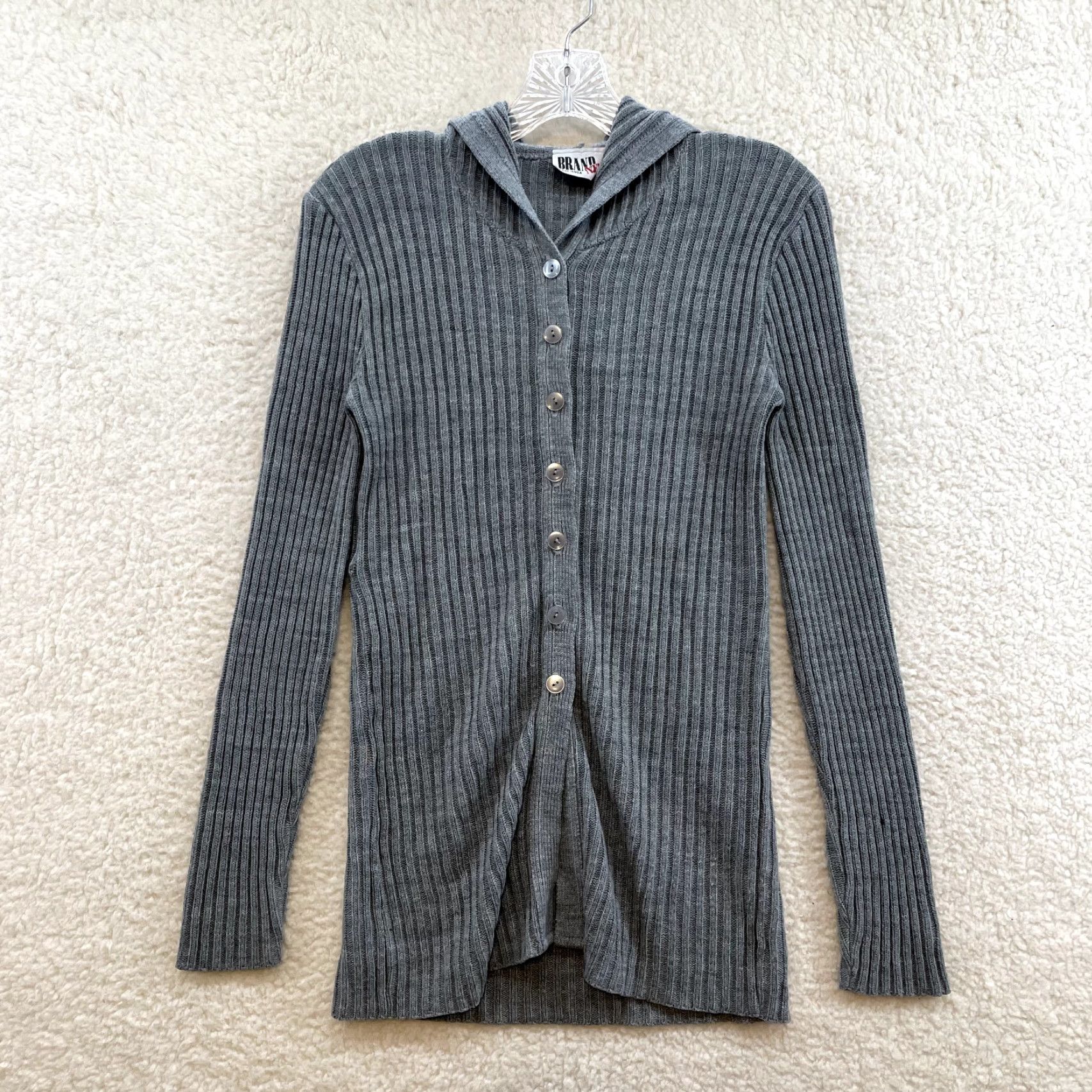 Vintage VINTAGE 90s Cardigan Sweater M Grey Ribbed Knit Hoodie Boho Fairy Grunge Womens Size M / US 6-8 / IT 42-44 - 2 Thumbnail
