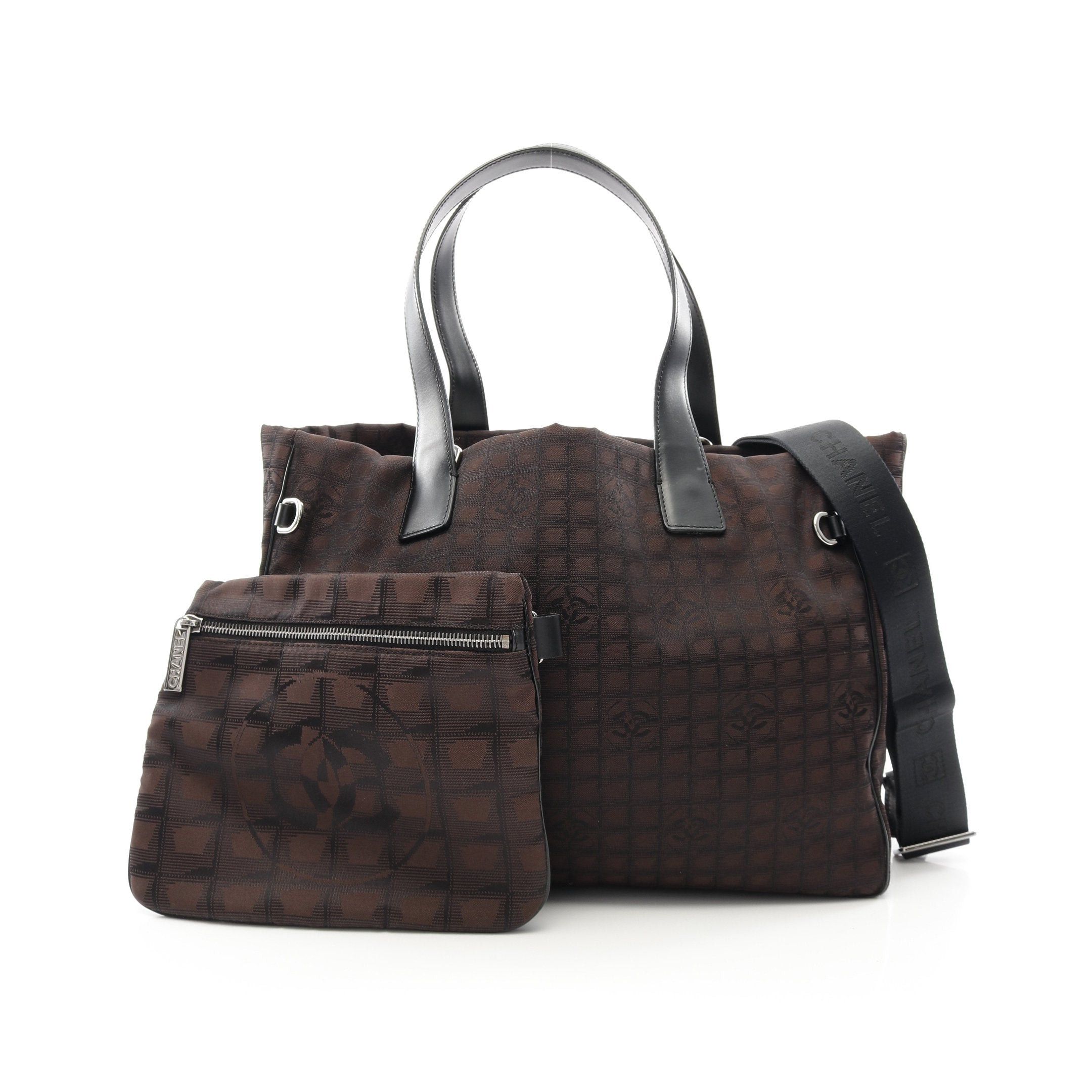 Chanel New Travel Line Handbag Tote Bag Nylon Canvas Leather Dark Brown Silver Hardware in Black, Women's