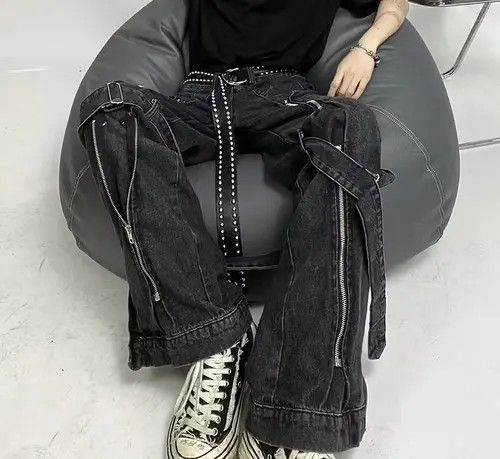 image of Low Waist Straight Open-Zipper Slit Harajuku Streetwear in Black, Men's (Size 29)