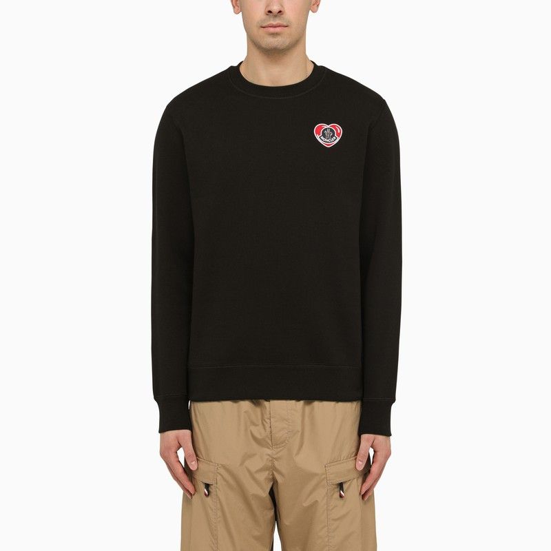 image of Moncler Black Cotton Crewneck Sweatshirt With Logo Patch in White, Men's (Size Small)