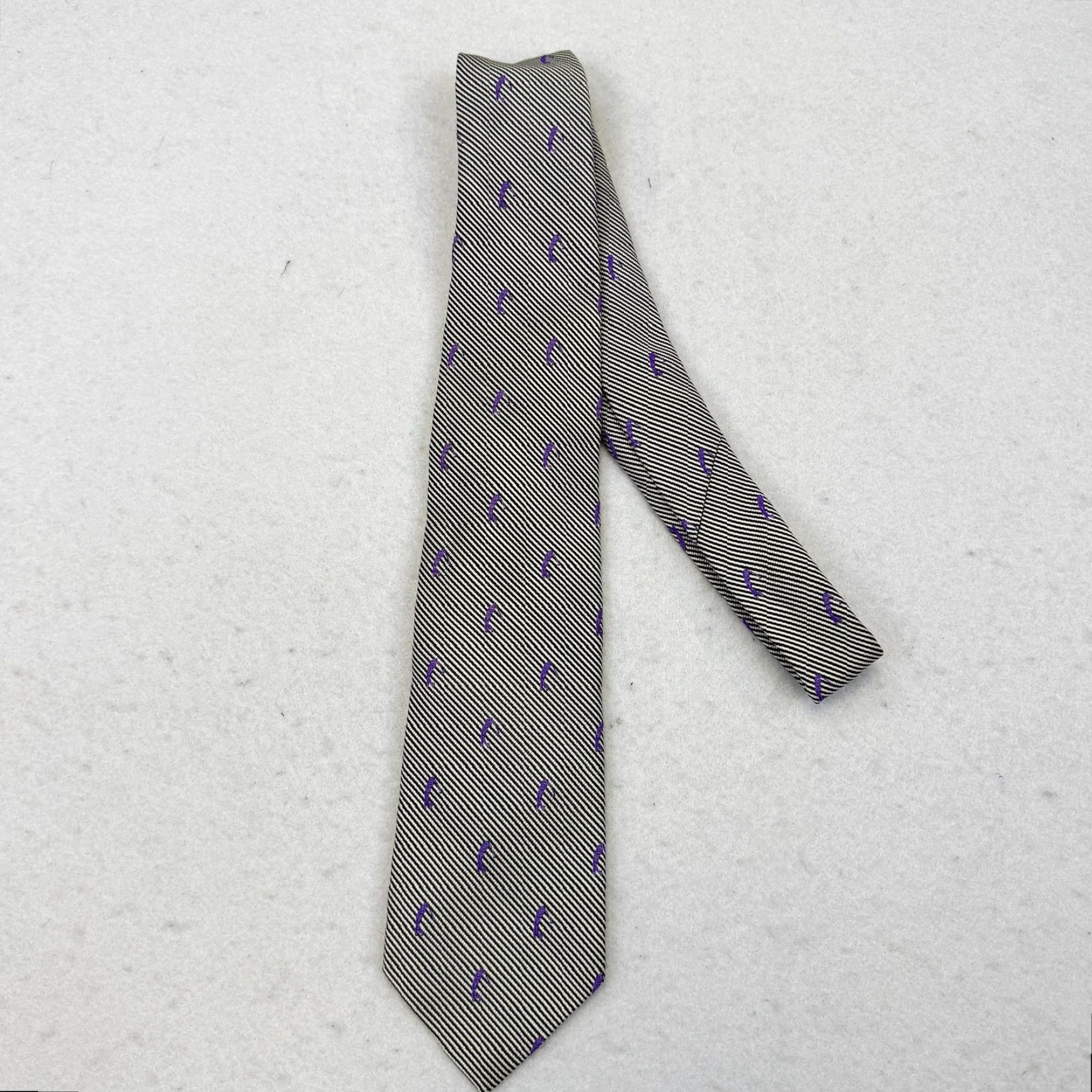 Peter Millar Peter Millar Tie Mens Silk One Size Gray Striped Woven Embroidered Fish Purple Pattern Vintage No Size ONE SIZE - 3 Thumbnail
