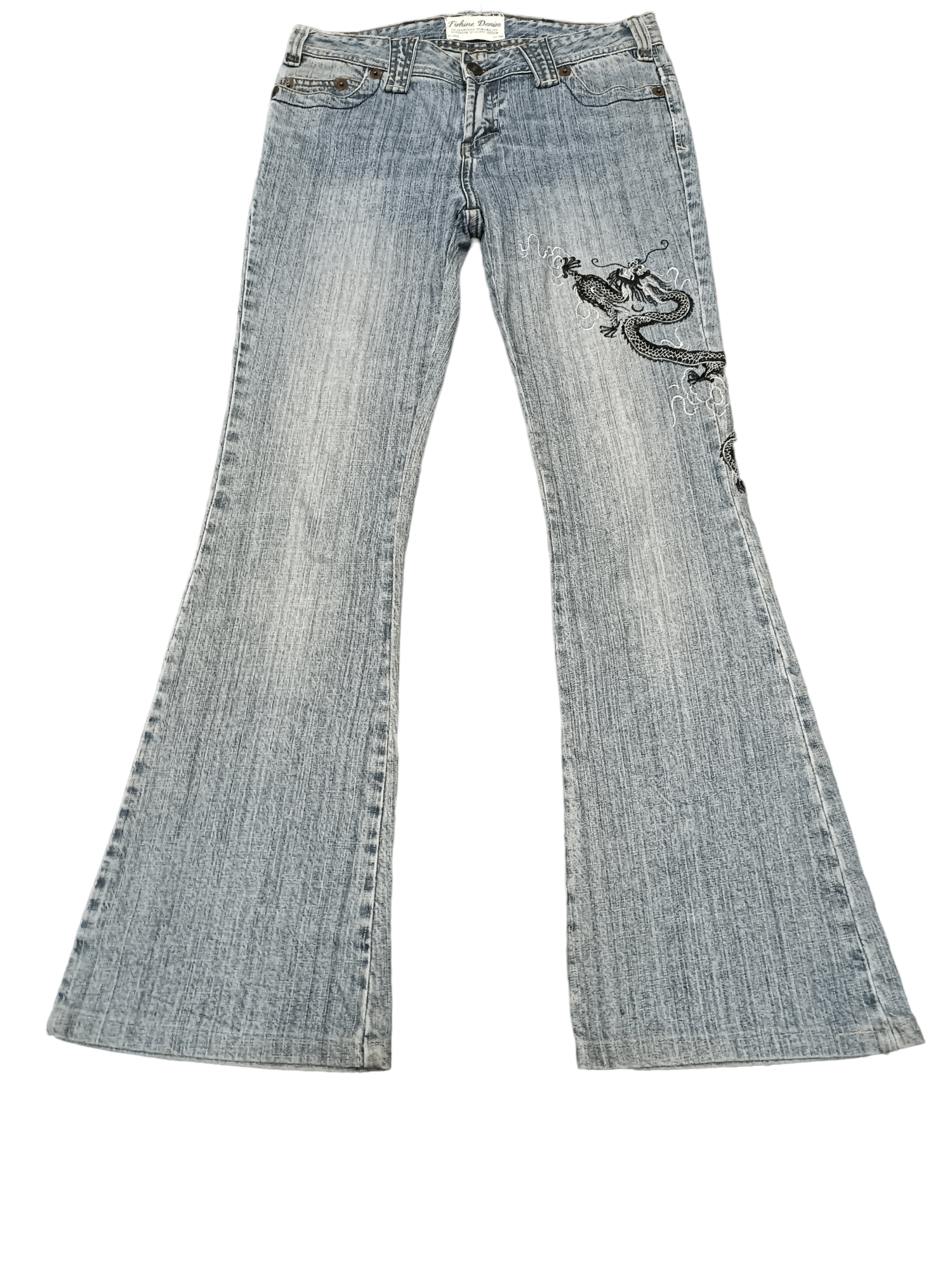 image of Avant Garde x Tornado Mart Flared Embroidery Dragon Low Rise Denim in Blue (Size 30)