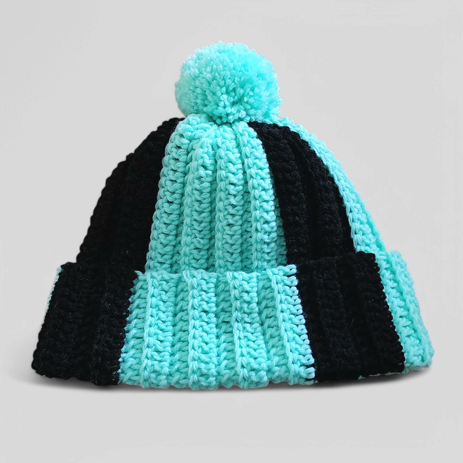 Handmade Handcrafted crocheted green and black winter beanie. Size ONE SIZE - 1 Thumbnail