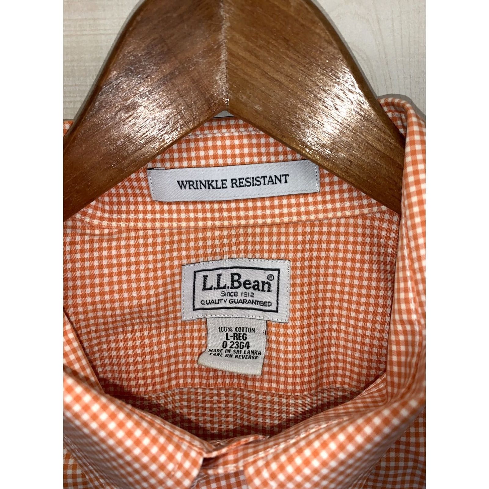 Vintage LL Bean Mens L Wrinkle Resistant Orange Gingham Button-Down Short Sleeve EUC Shirt Size US 33 - 2 Thumbnail
