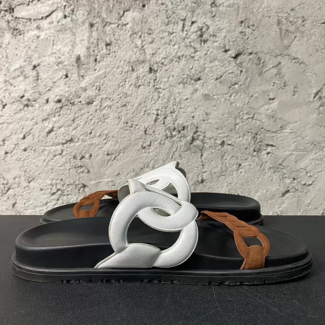 Hermes Hermes White Brown Pig Nose Chain Slides Size US 32 / EU 48 - 5 Thumbnail