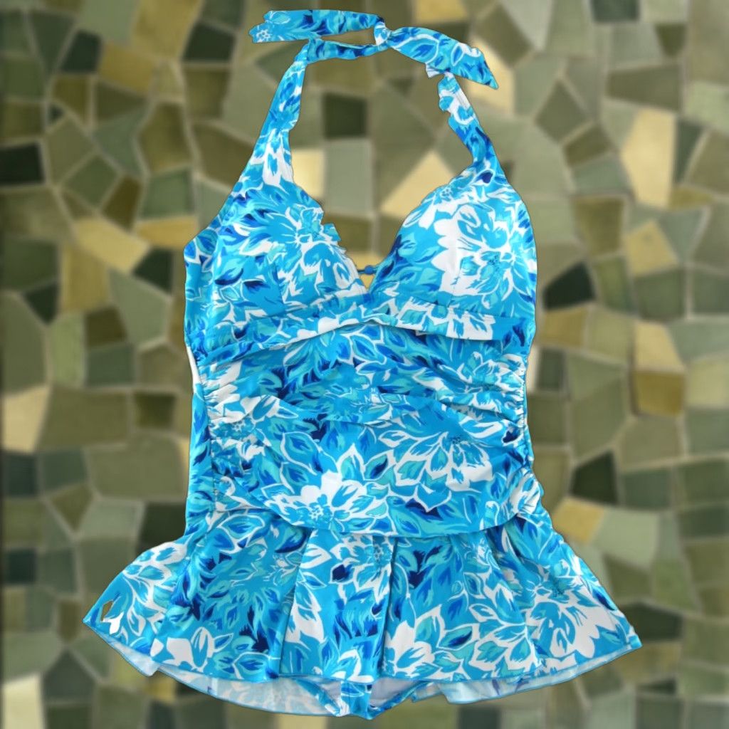 Vintage Fashion Bug One Piece Swimsuit Dress Women 20 Blue White Floral Halter Slimming Beach Polyester Spandex Nylon Vintage No Dress? Size 3XL / US 20-22 - 1 Thumbnail