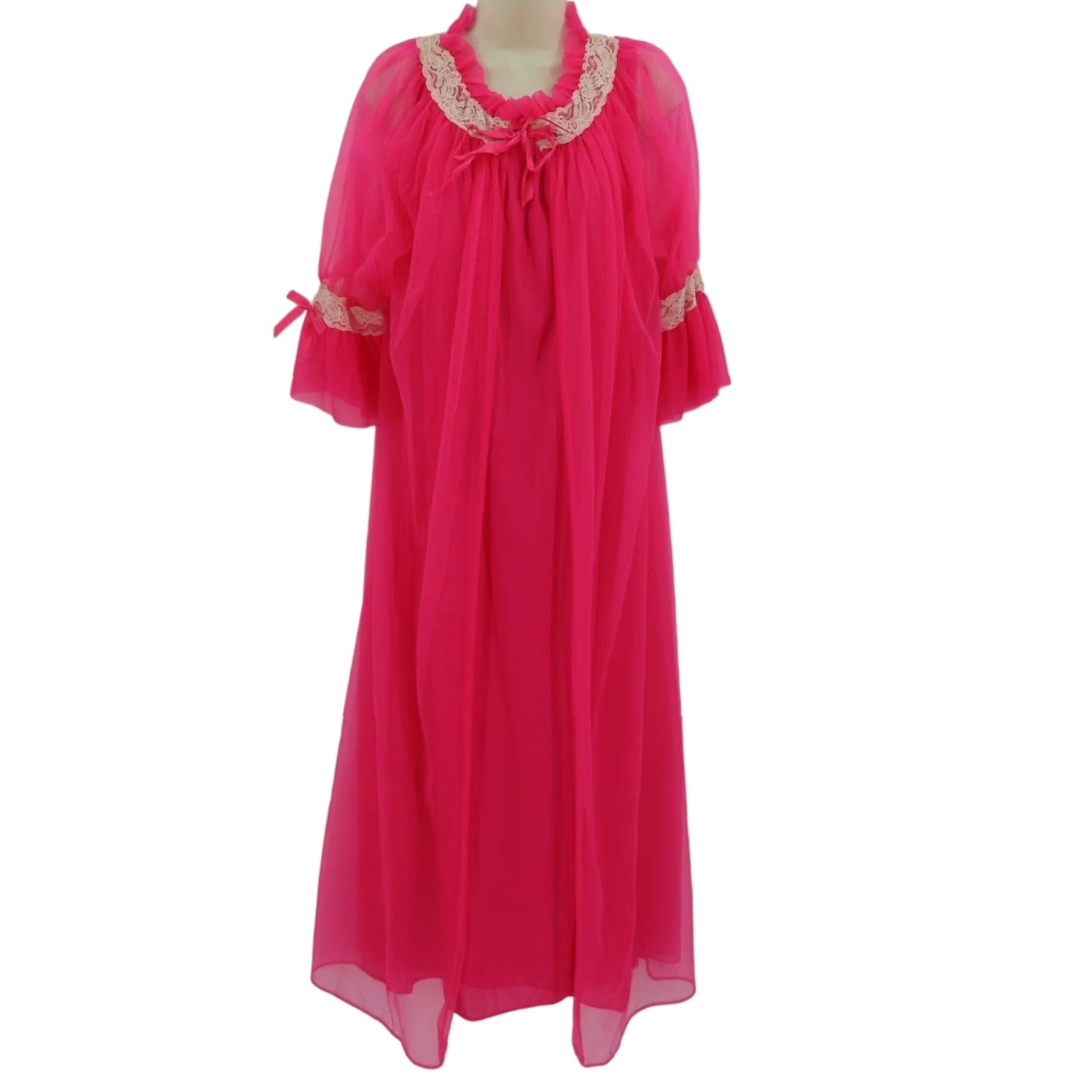 Vintage VINTAGE Union Made Women Medium Pink Sheer Nightgown Dress Robe Set Solid Pink Lace Shirt? Size M / US 6-8 / IT 42-44 - 2 Thumbnail