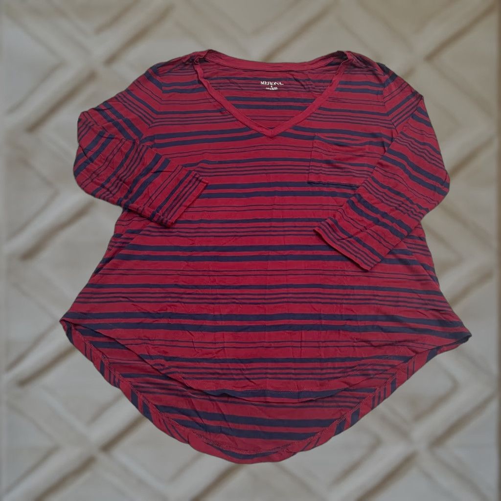 Merona Merona Tunic Top Womens Small Red Blue Striped V-Neck Long Sleeve Pocket Casual Shirt Size S / US 4 / IT 40 - 1 Thumbnail