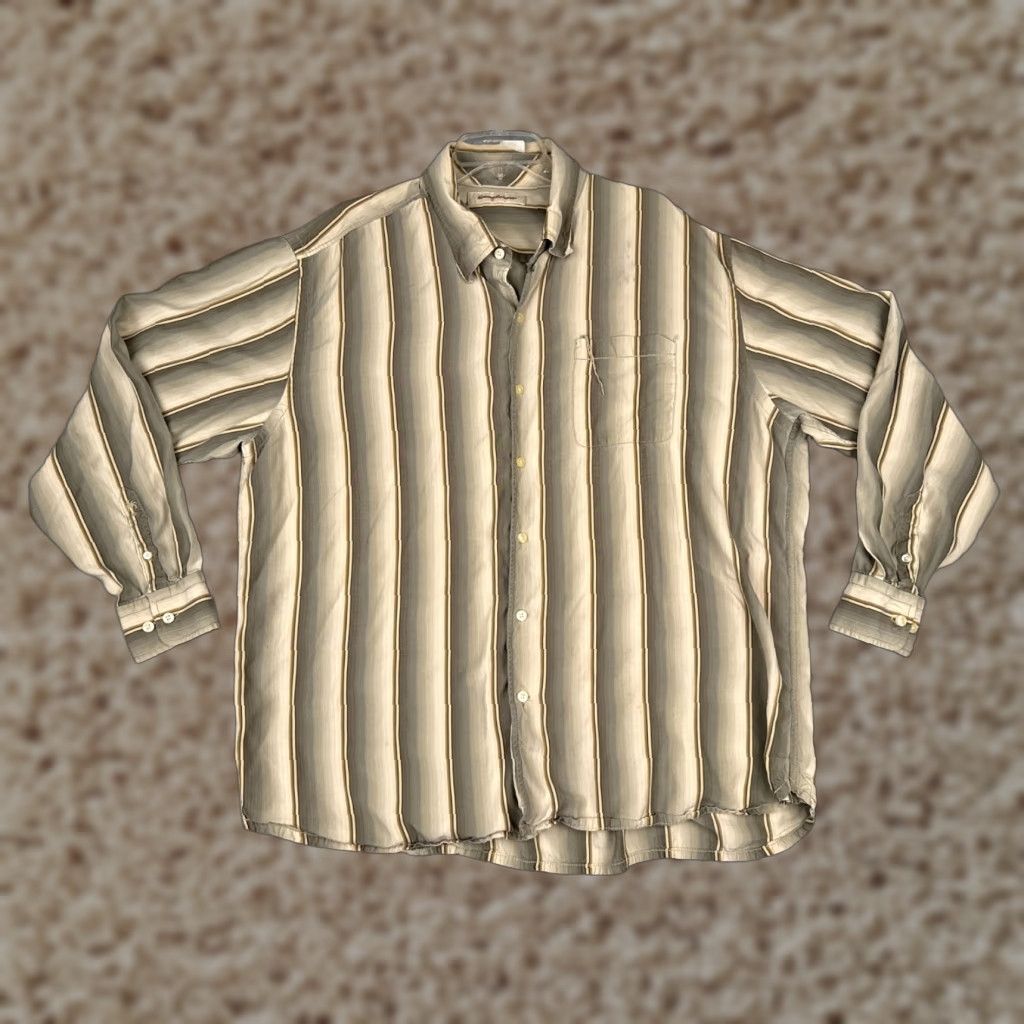 Tommy Bahama Tommy Bahama Shirt Men 2XL Gray Yellow Vertical Stripe Silk Blend Button Up Size US XXL / EU 58 / 5 - 1 Thumbnail