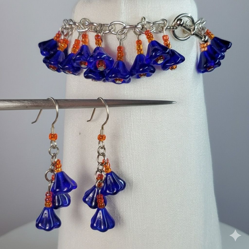 Handmade Flower 6.75" Charm Bracelet Earrings Handmade Blue Glass Size ONE SIZE - 4 Thumbnail