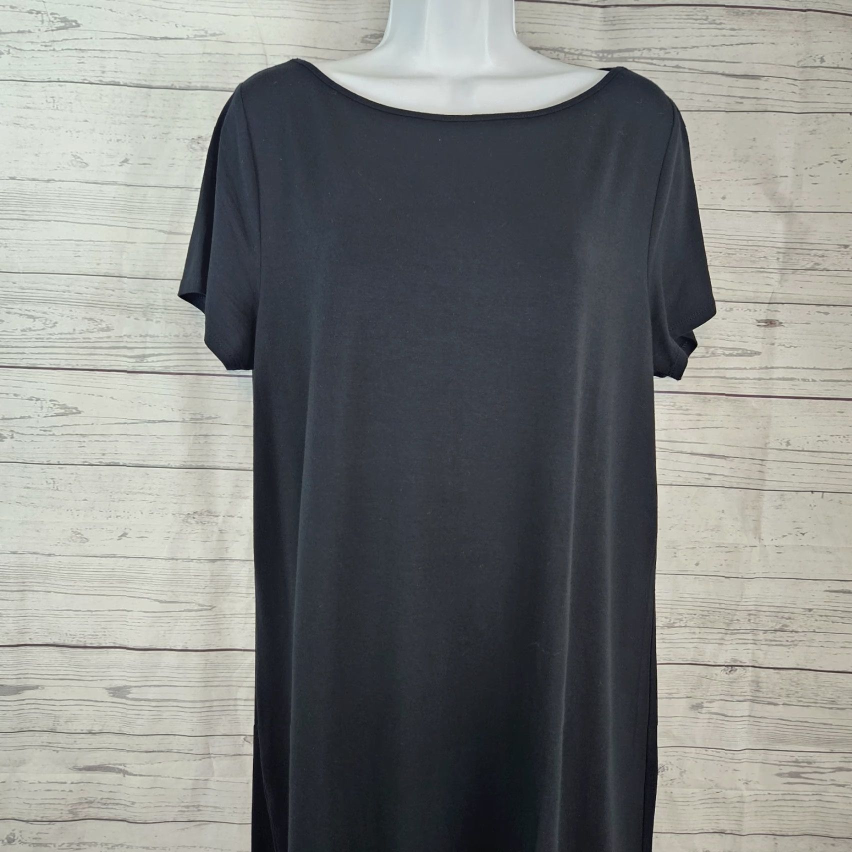 J. Jill J Jill Wearever Collection Womens Dress L Solid Black Short Sleeve Rayon Midi Shift Pullover Casual 47" Length Womens Size 36" / US 14 / IT 50 - 2 Thumbnail