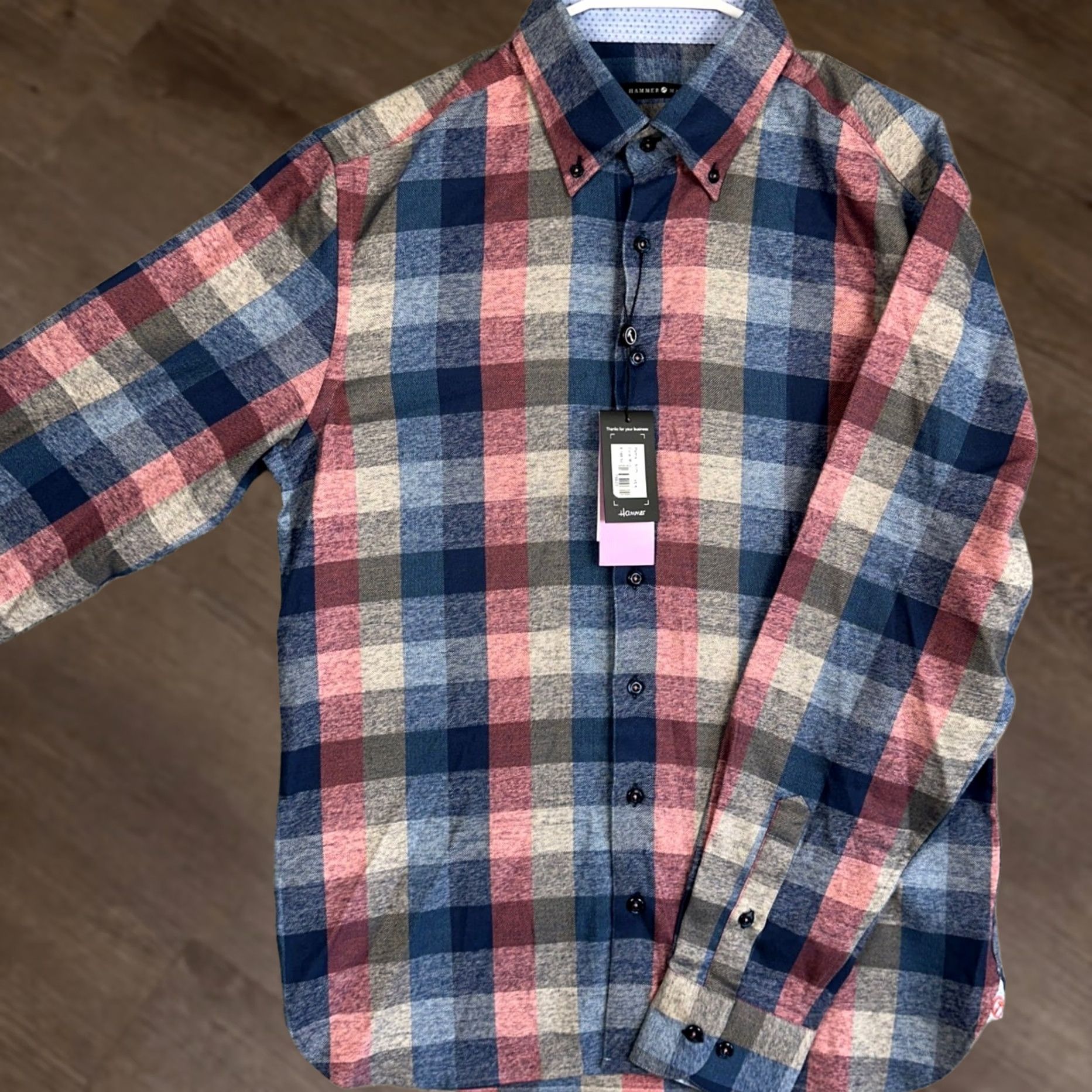 Vintage VINTAGE Hammer Made Shirt Mens L Blue Red Check Button-Down Slim Pattern: Check, Plaid Mens Clothing, Office, Business Casual, Travel Size 42R - 1 Thumbnail