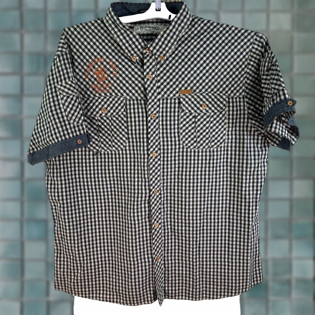Vintage AKOO Button-Down Shirt Mens 2XL Embroidered Check Blue Vintage 90s Tailors Down Texture Casual Workwear Shirt Size US XXL / EU 58 / 5 - 1 Thumbnail