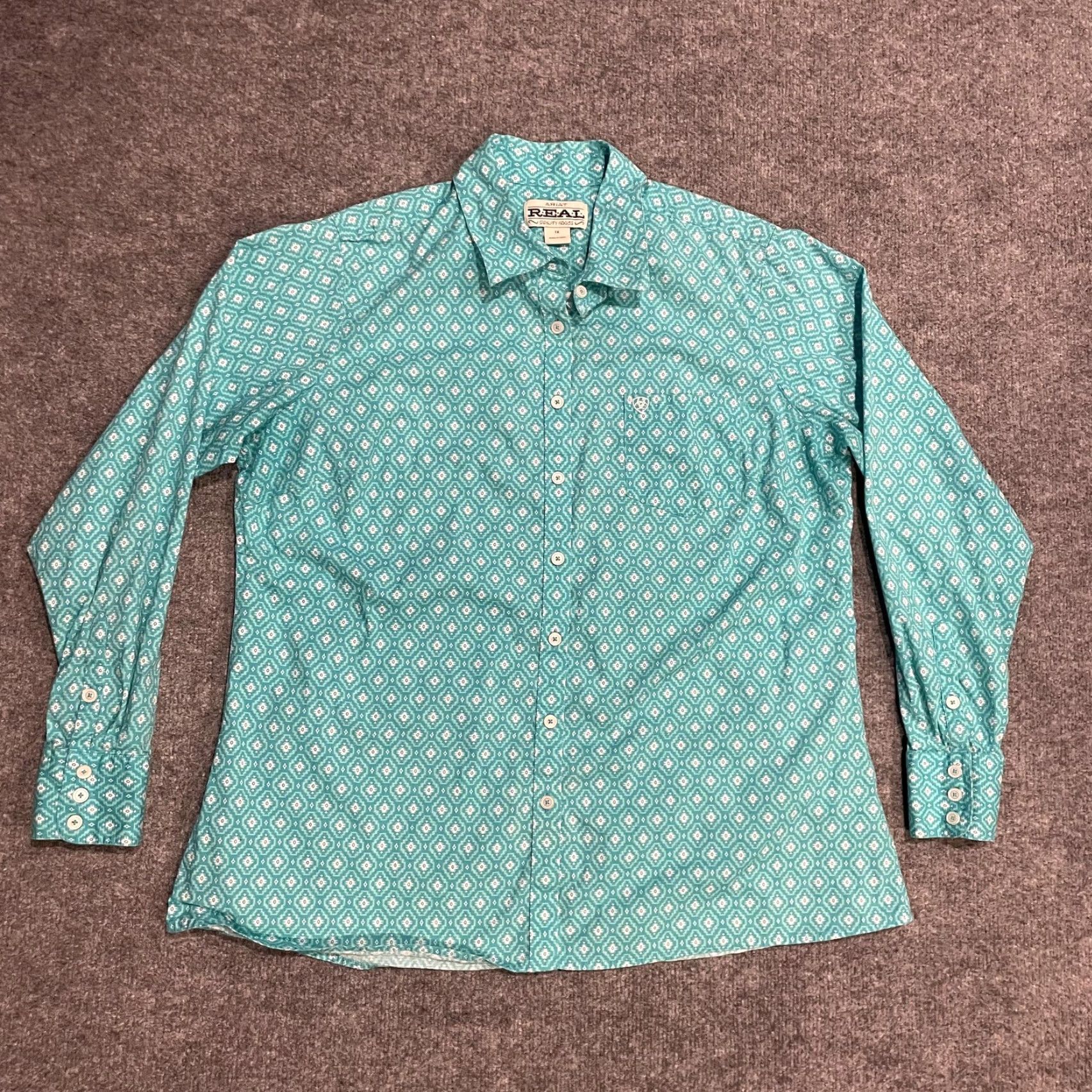 Ariat Ariat Womens Button-Up Shirt 1X Green Geometric Western Embroidered Pocket Shirt (REAL) Size XL / US 12-14 / IT 48-50 - 2 Thumbnail