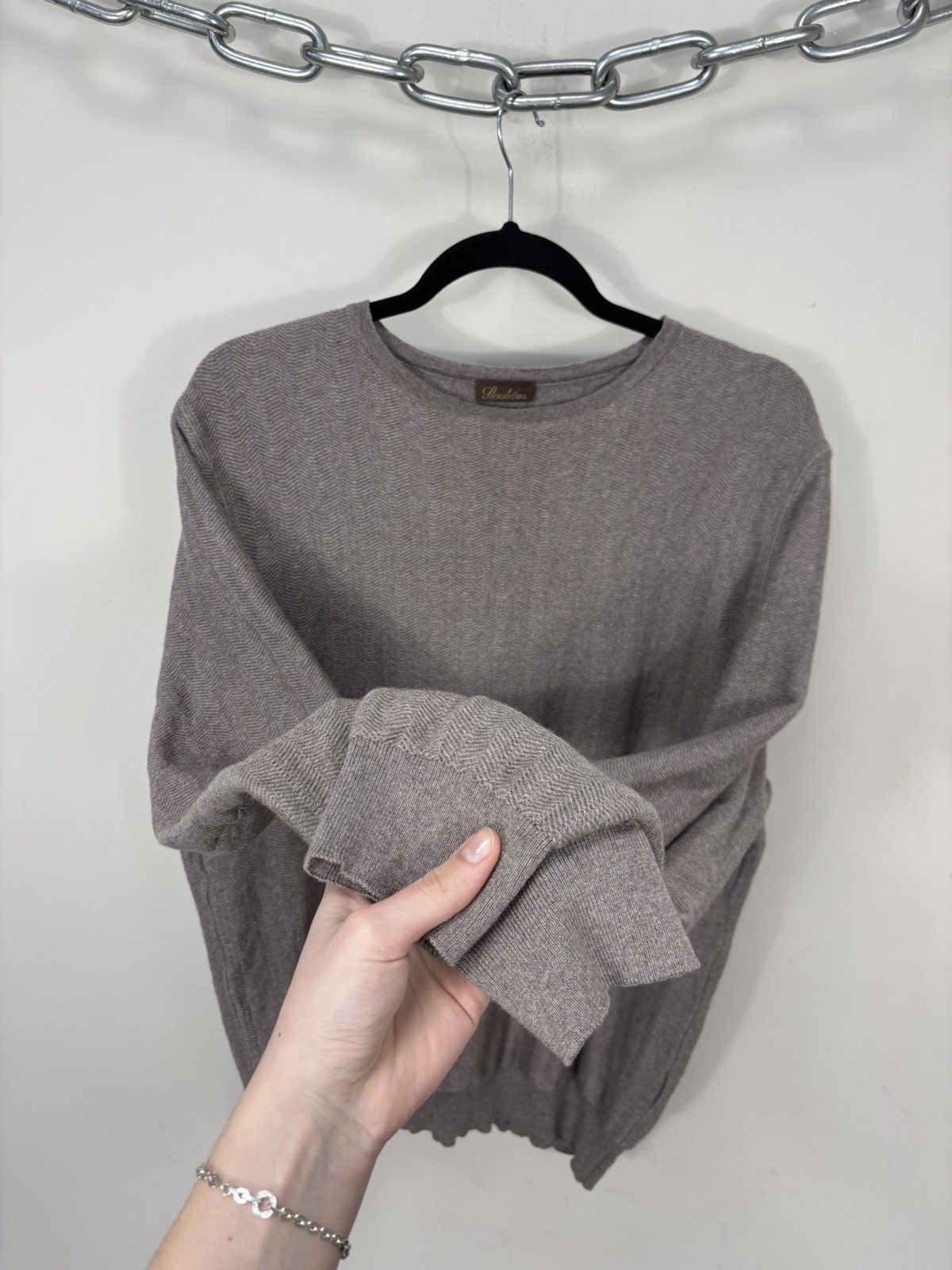 Strenstroms Stenstroms Men’s Light Brown/Beige Herringbone Wool Sweater Size US L / EU 52-54 / 3 - 6 Thumbnail
