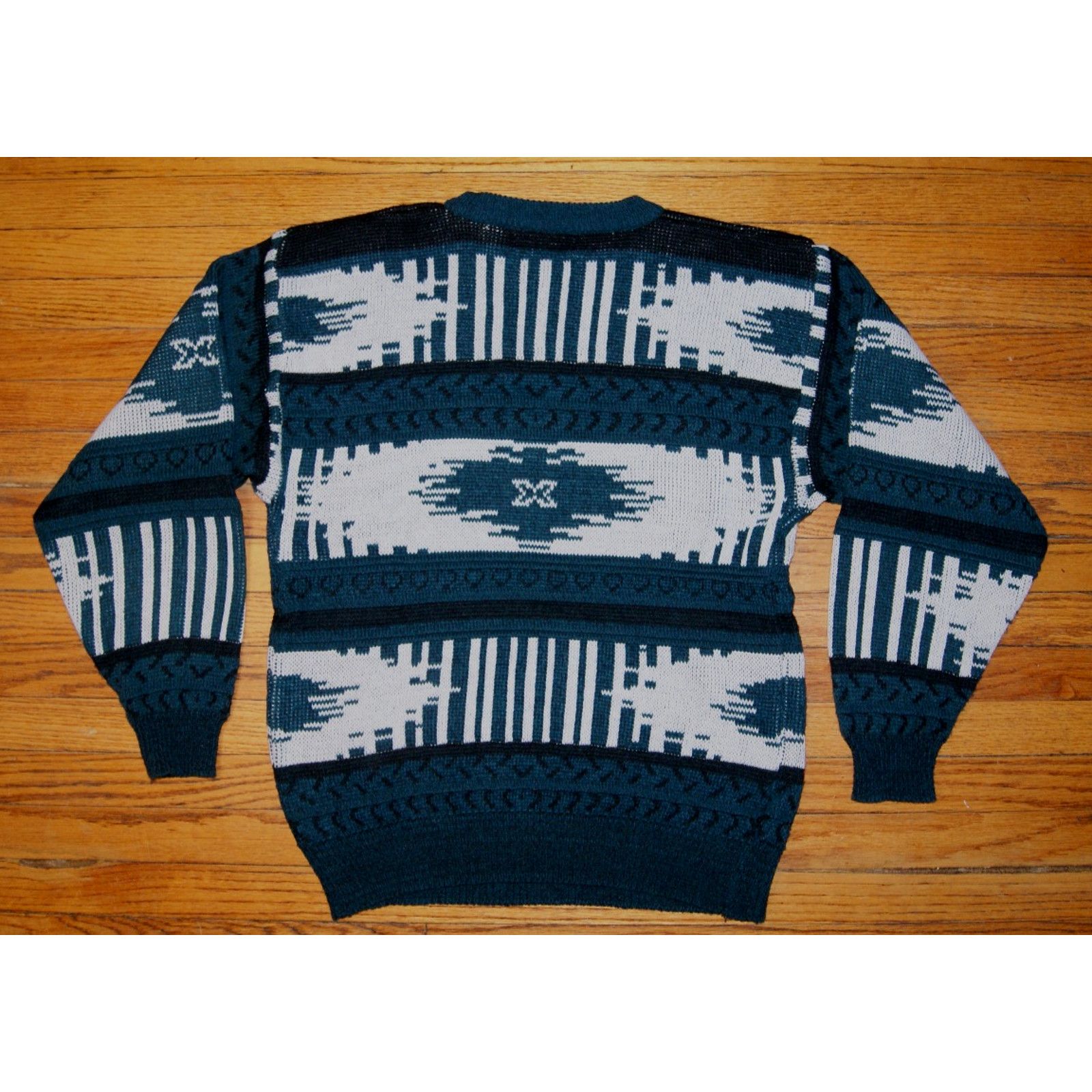Vintage VTG Sweater Men L Teal Black Ivory Crewneck Geometric Modern Size US L / EU 52-54 / 3 - 4 Thumbnail