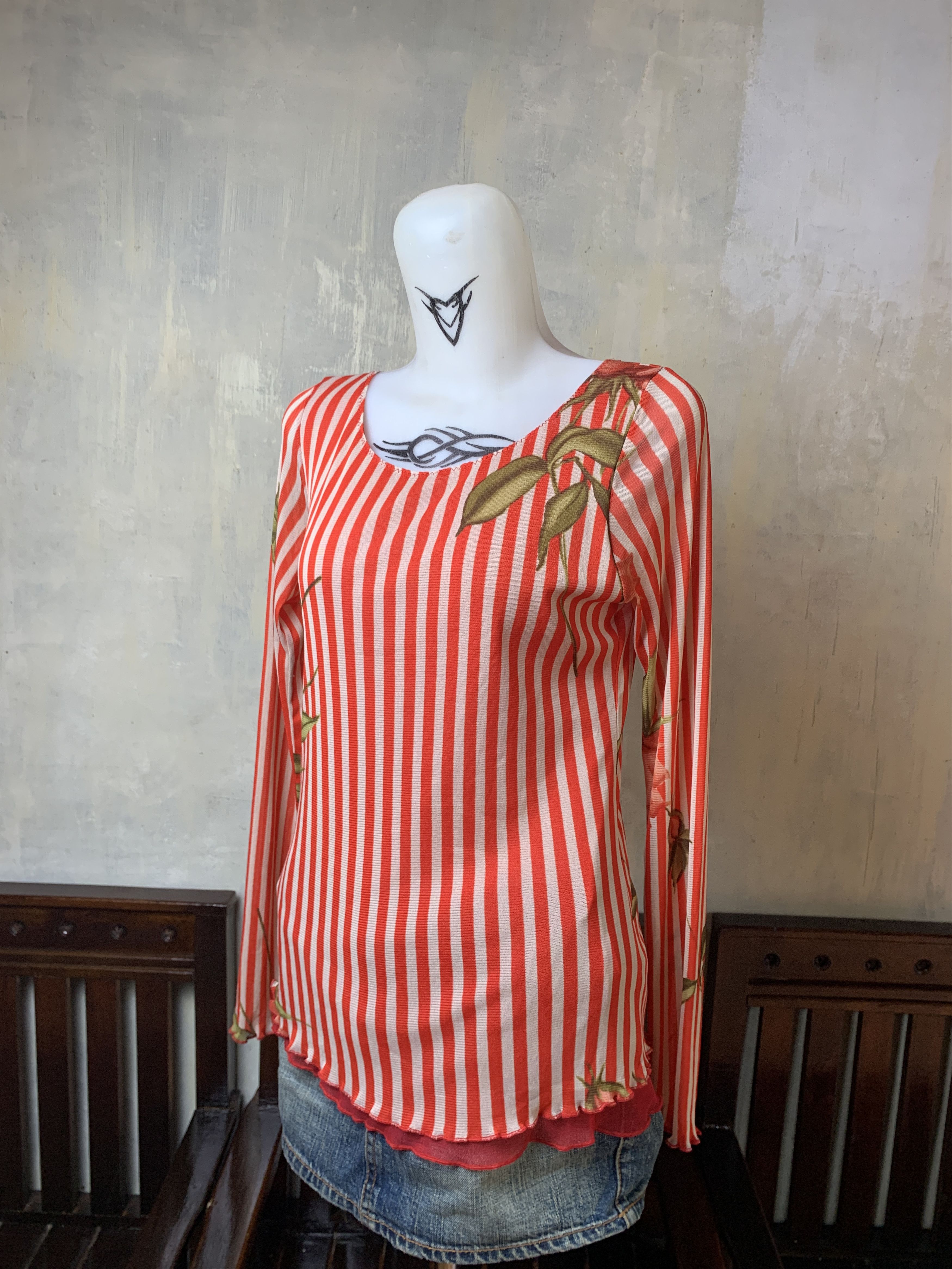 Japanese Brand Gil Italy Flower Stripes Mesh Top (M) Size M / US 6-8 / IT 42-44 - 2 Thumbnail
