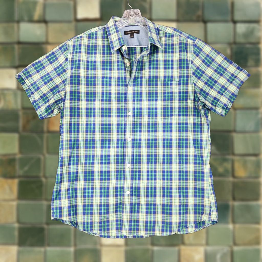 Banana Republic Banana Republic Mens Blue Green Plaid Short Sleeve Button-Up Size L Size US 33 - 1 Thumbnail