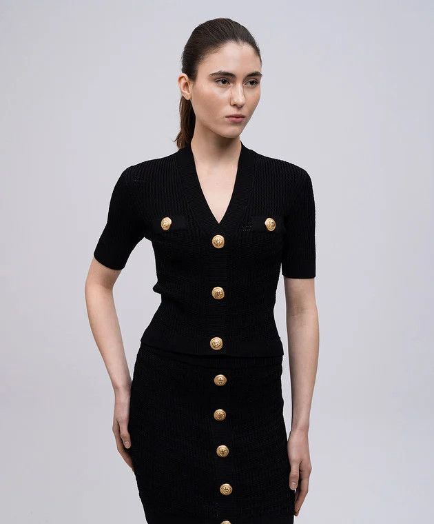 Balmain o1s1wg110526 Black Short-Sleeved Patterned Cardigan in Black Size M / US 6-8 / IT 42-44 - 3 Thumbnail