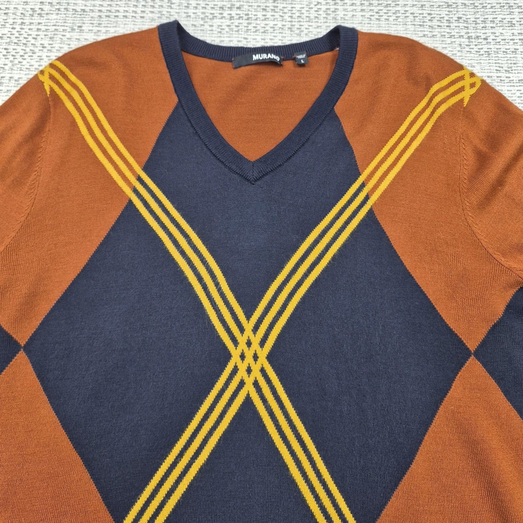 Murano Murano Mens Large Pullover Sweater V-Neck Argyle/Diamond Knit Acrylic Brown Navy Multicolor 90s Retro Size US L / EU 52-54 / 3 - 4 Thumbnail