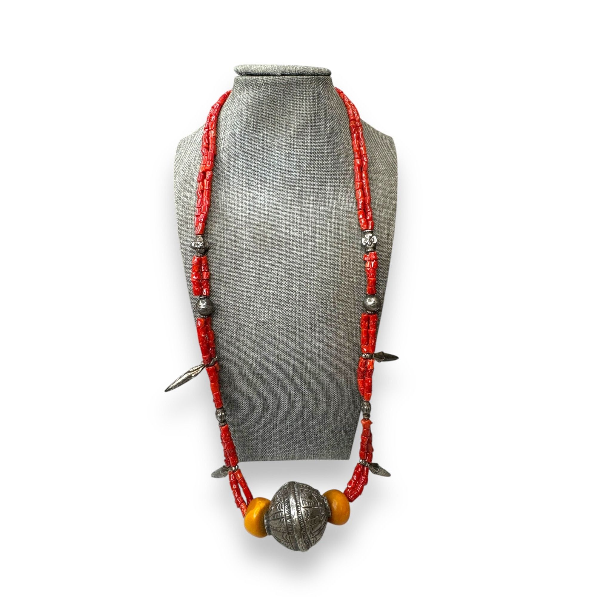 Other Antique Tribal Necklace Sterling Amber Coral Beads 30" State Size ONE SIZE - 1 Thumbnail