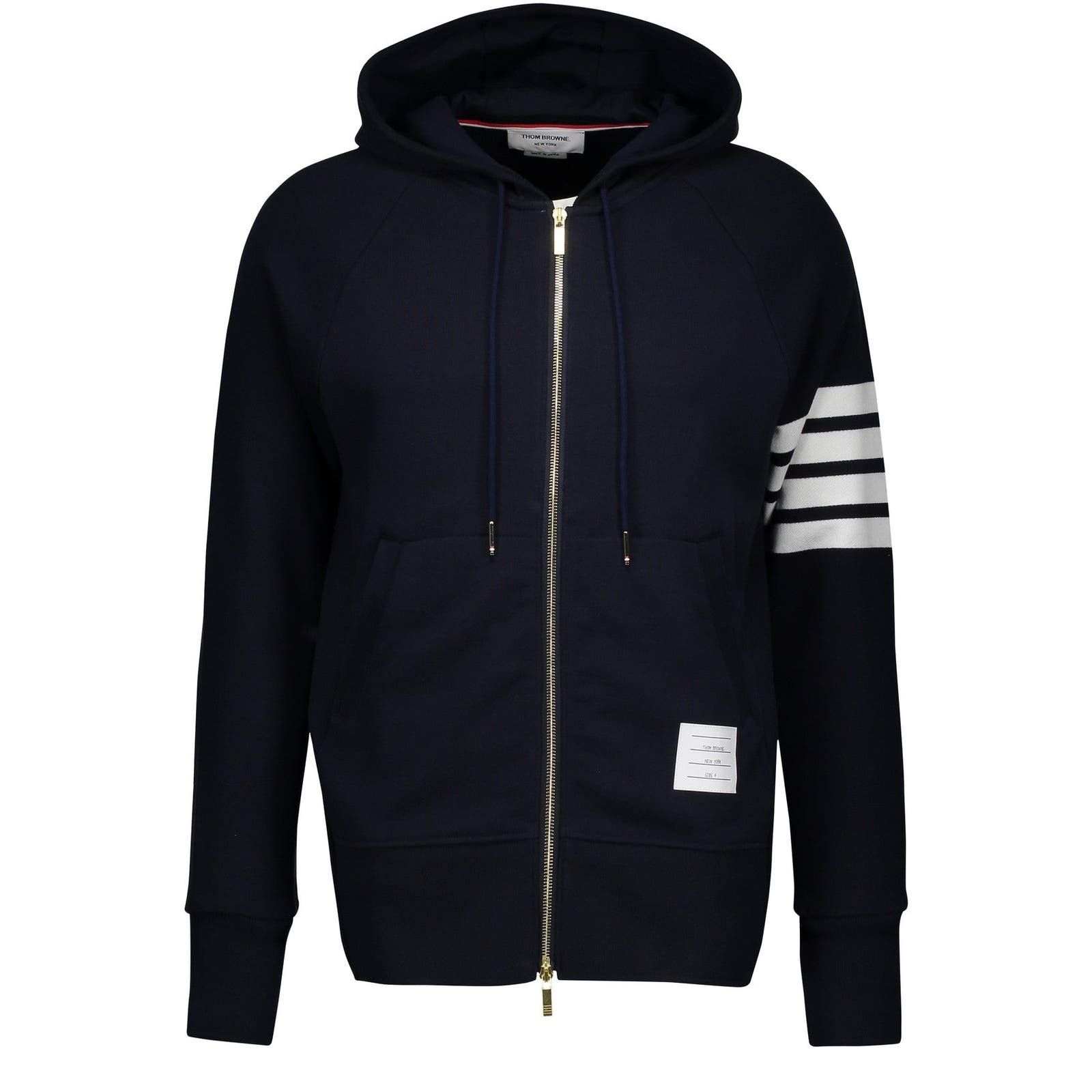 image of Thom Browne 4-Bar Zip Up Hooded Sweatshirt Navy Blue, Men's (Size Small)