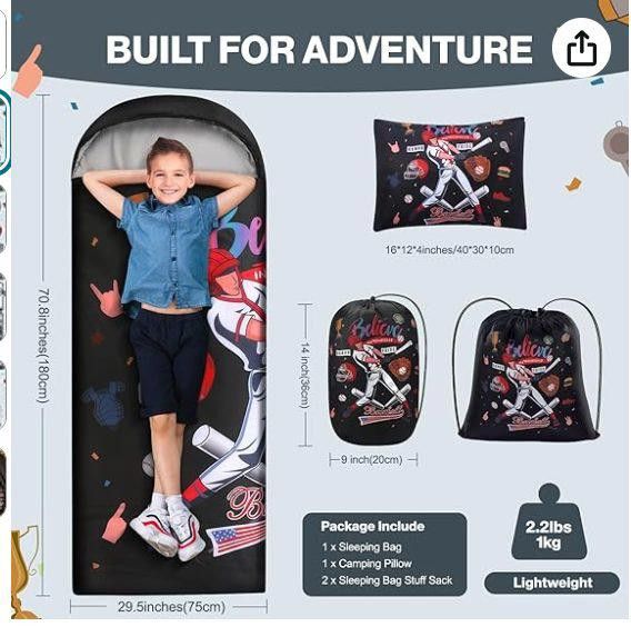 Designer Sleeping bag, 3 season to 50degrees, 71"x29", Baseball Size ONE SIZE - 2 Thumbnail