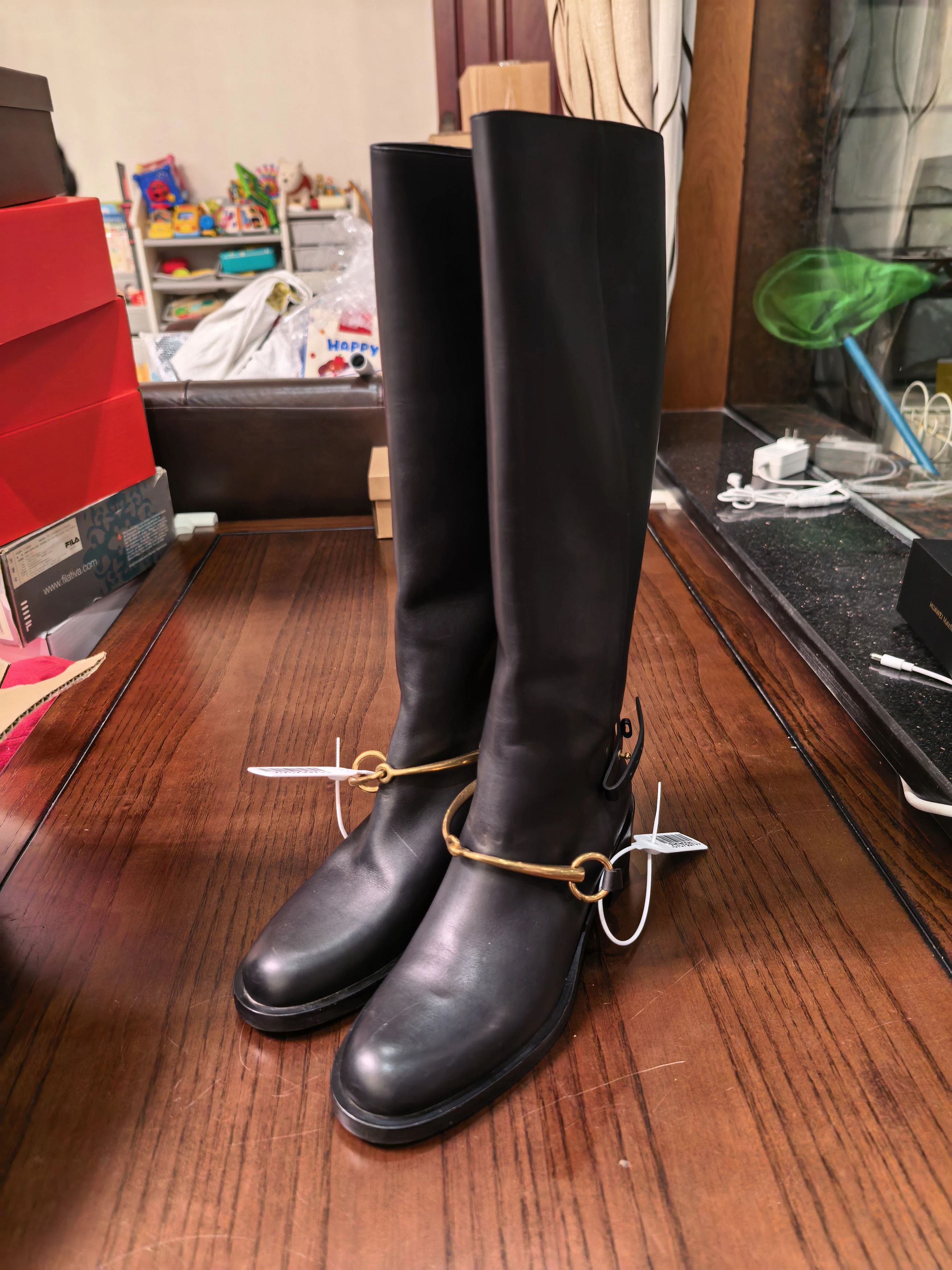 Gucci Gucci Black Knee-High Boots Gold Horsebit 37.5 Size US 7 / IT 37 - 1 Thumbnail