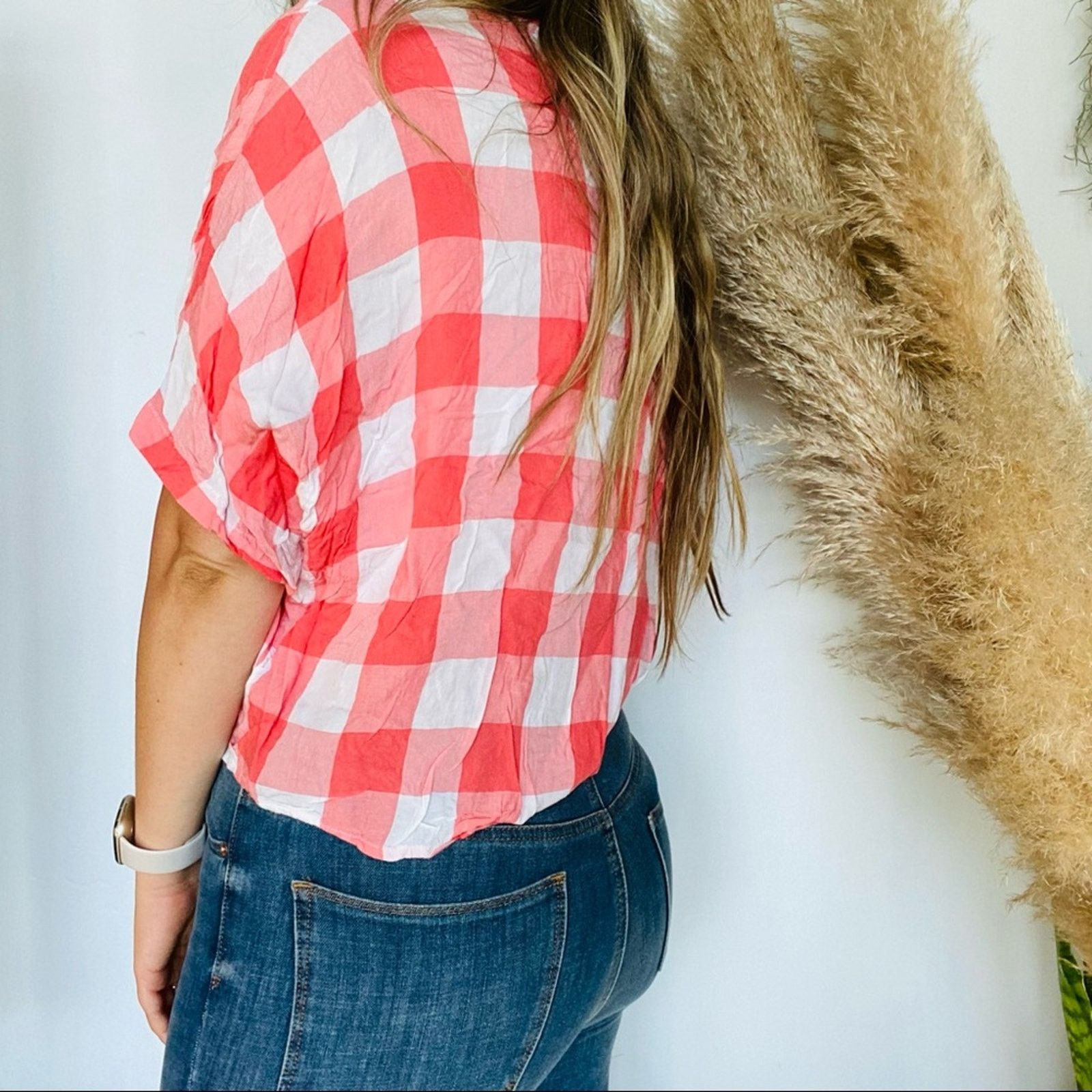 Express EXPRESS Pink Salmon White Picnic Button Tie Blouse Shirt Top Size S / US 4 / IT 40 - 2 Thumbnail