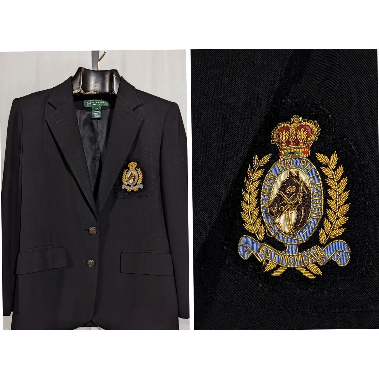 Ralph Lauren VINTAGE Ralph Lauren Blazer Beaded Equestrian Horse Riding Patch Wool Rayon USA RRL 34 4P Petite Womens Black Size S / US 4 / IT 40 - 2 Thumbnail