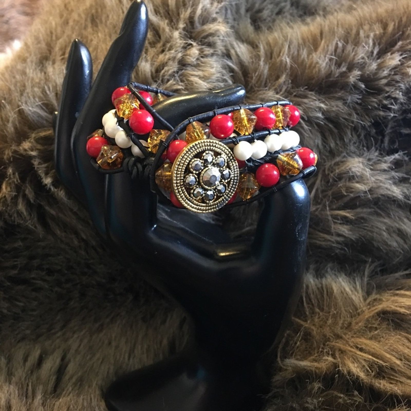 Vintage Handmade antique button leather beaded bracelet Size ONE SIZE - 2 Thumbnail