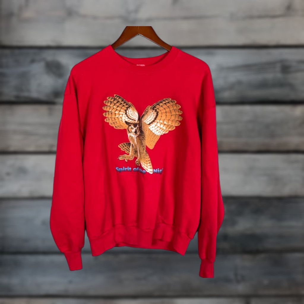 Jerzees VINTAGE Jerzees Owl Print Sweatshirt Adult Large Red 50/50 USA Made Crewneck 90s Mens Size US L / EU 52-54 / 3 - 1 Thumbnail