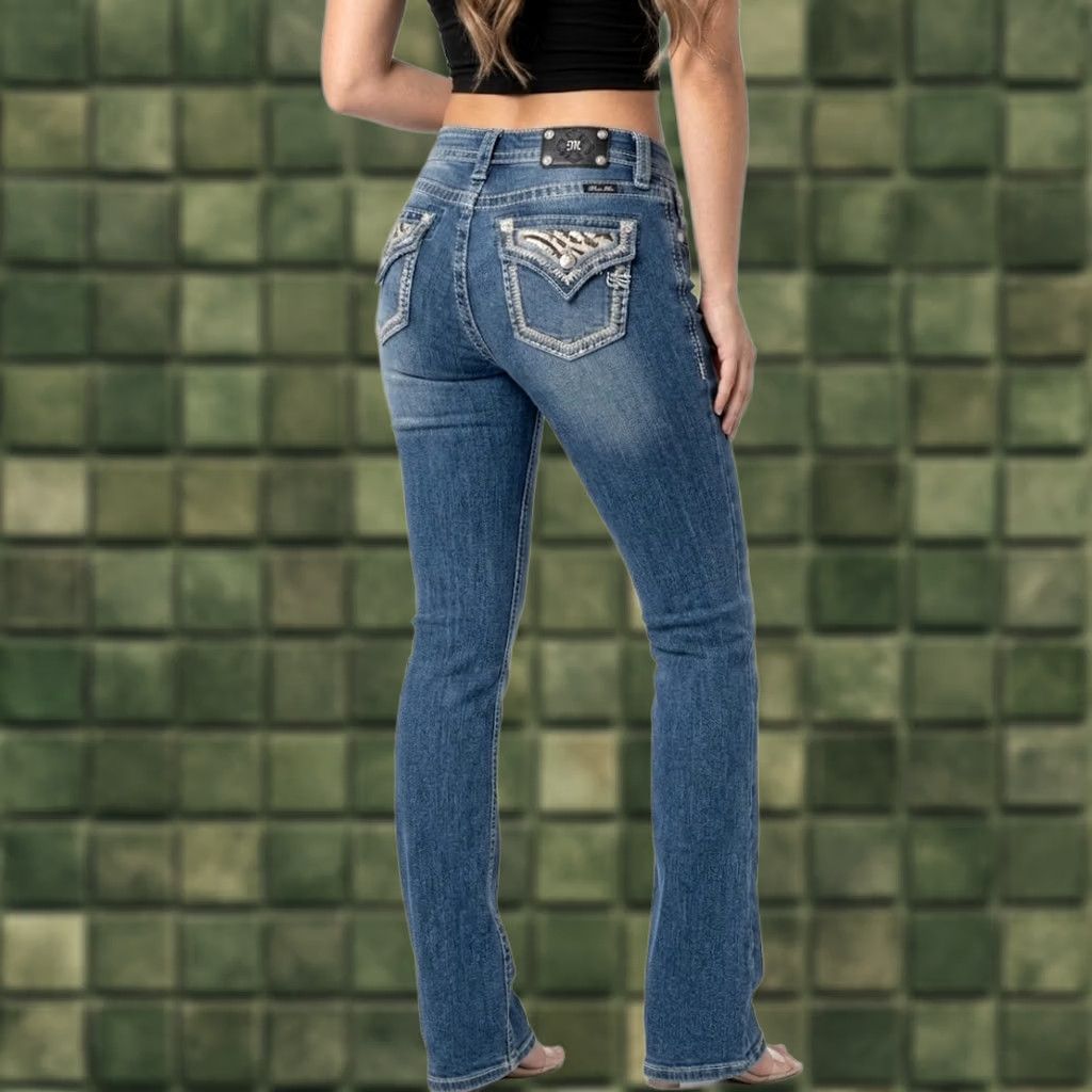 Miss Me Miss Me Jeans Relaxed Bootcut 26x33 Denim Blue Heavy Stitch 5-Pocket Embroidered Rhinestone Womens Jeans Size 26" / US 2 / IT 38 - 1 Thumbnail
