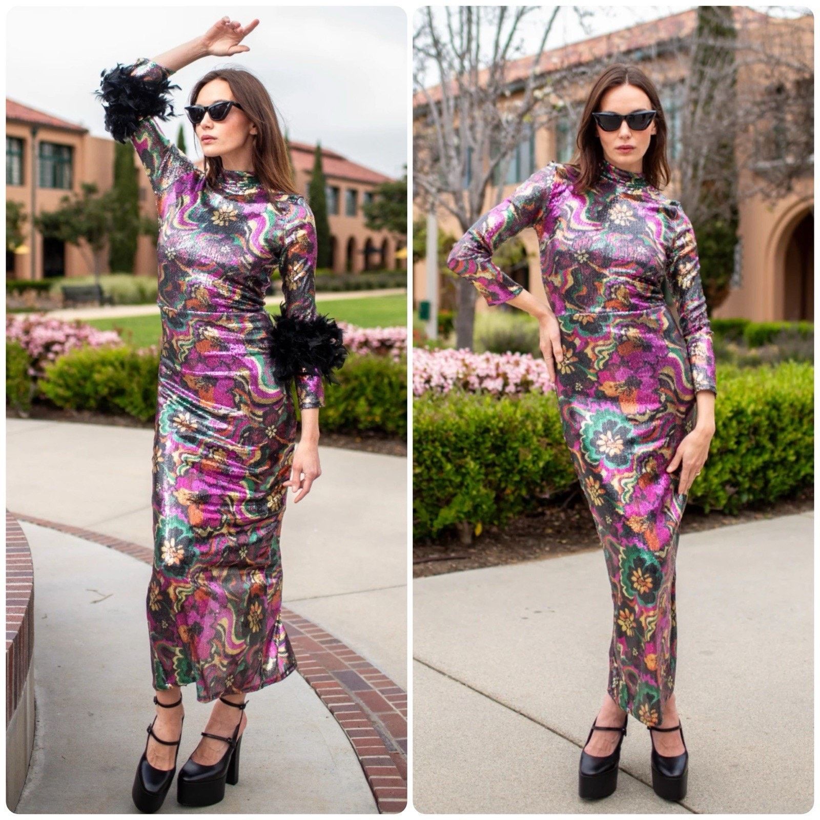 Other JENNIFER GRACE Catroux Sequin Feather Long Dress In Hysteria Size XXS / US 00 / IT 34 - 1 Thumbnail