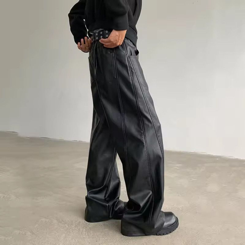 Other Design Black PU Leather Straight Baggy Pants Size US 34 / EU 50 - 2 Thumbnail