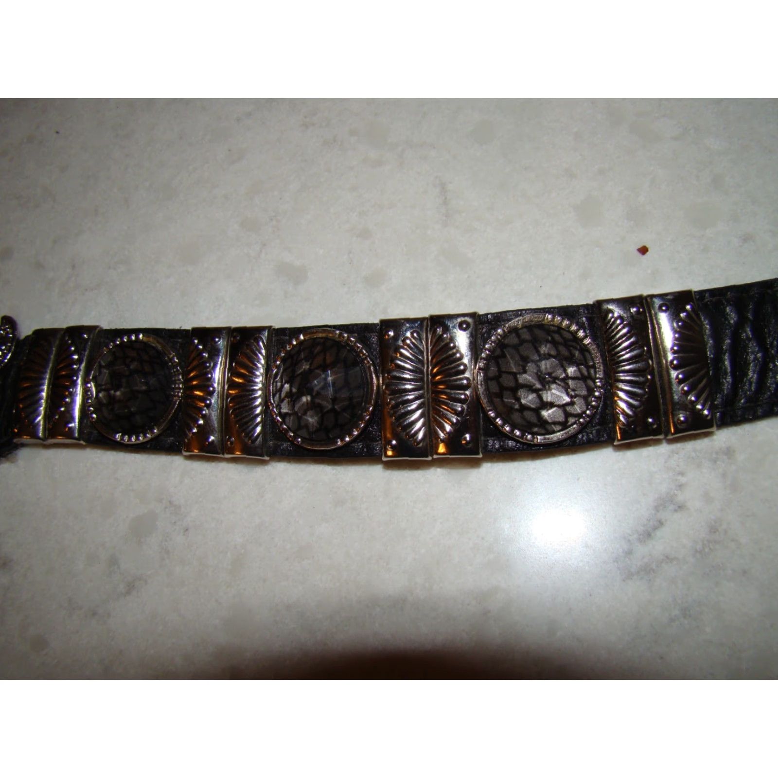 Vintage VINTAGE LEATHEROCK Belt 80s Leather Womens Medium 30-32 Black Snakeskin Gems Bling Adjustable Silvertone Buckle Womens Fashion Size ONE SIZE - 6 Thumbnail