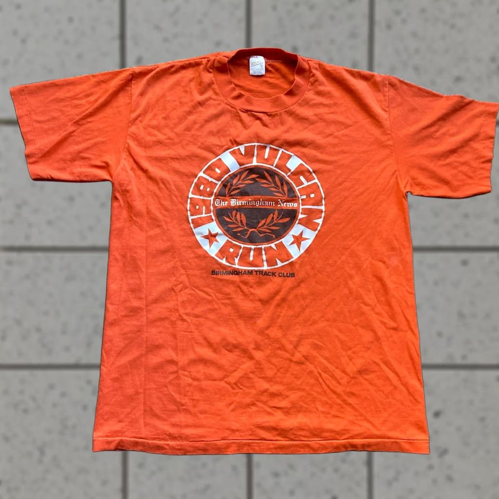 Vintage VTG Vulcan Run Shirt Size XL Orange 1980 Birmingham AL Marathon Single Stitch T Men Size US XL / EU 56 / 4 - 1 Thumbnail