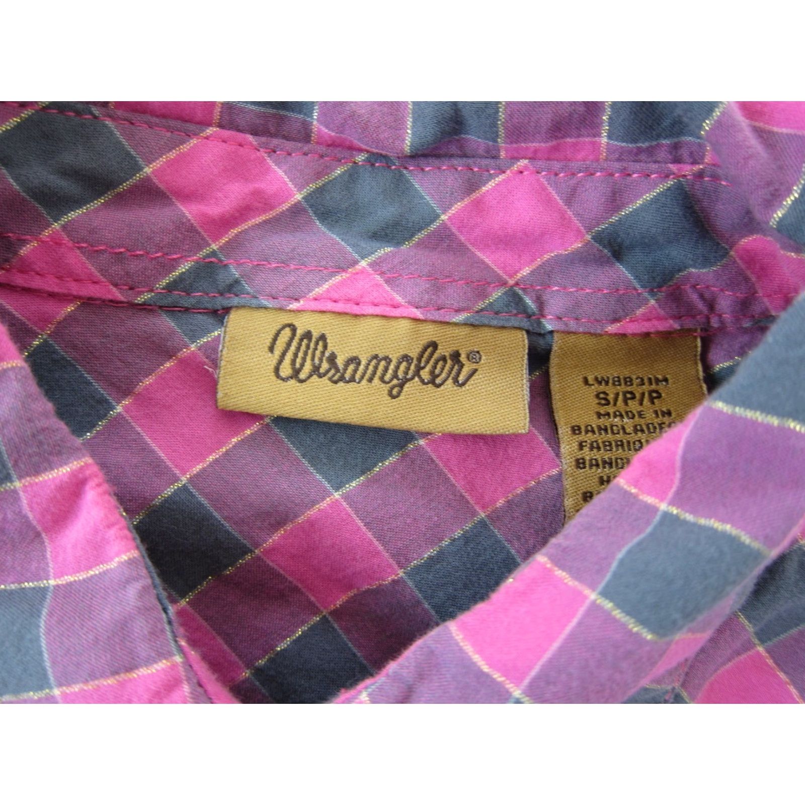 Wrangler Wrangler Cotton Blouse Shirt Pink Grey Gold Plaid Diamond Snap Collar Long Sleeve S Womens Size S / US 4 / IT 40 - 4 Thumbnail