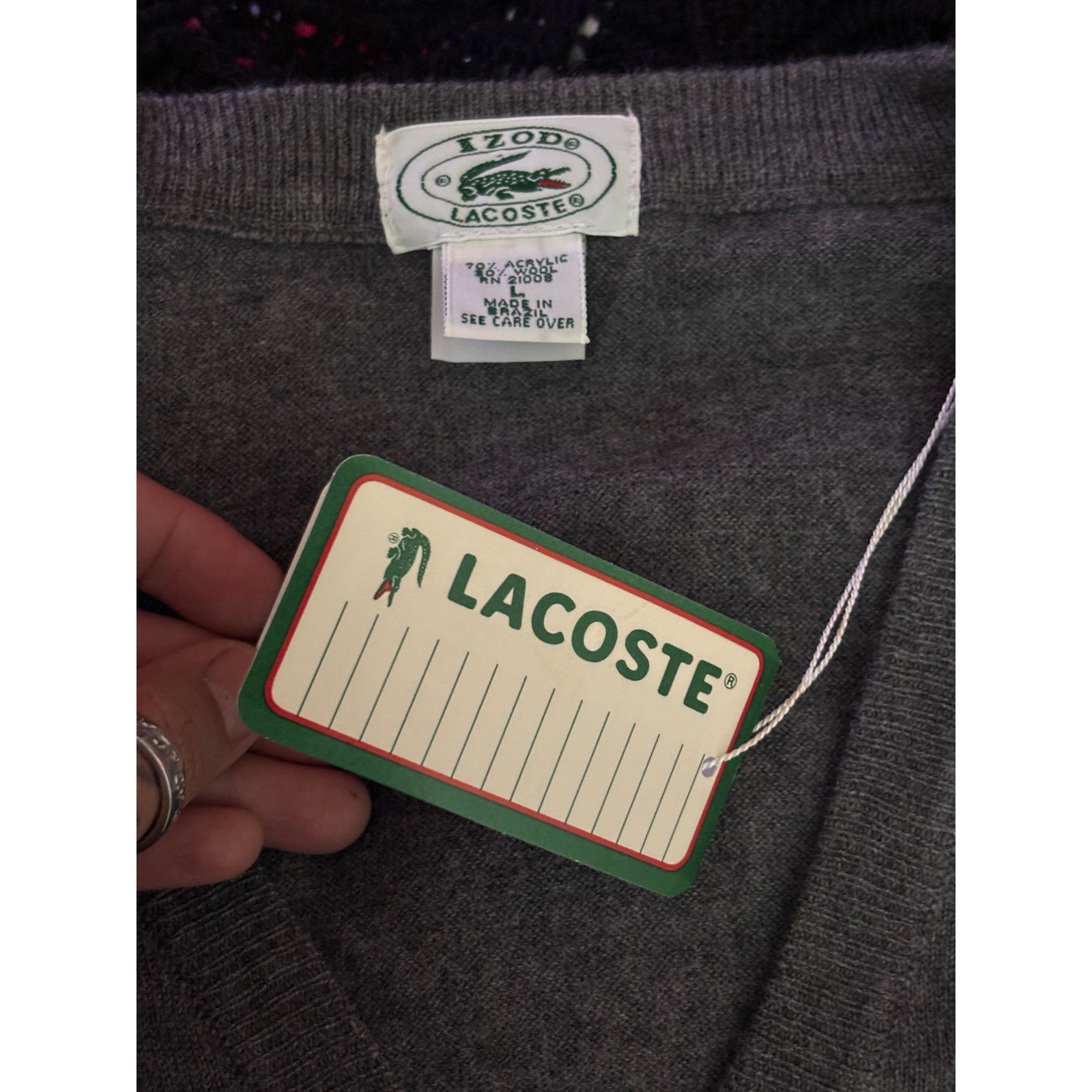 Lacoste Vintage 1980s Izod Lacoste Gray Knit V-Neck Sweater Men’s Size US L / EU 52-54 / 3 - 14 Thumbnail