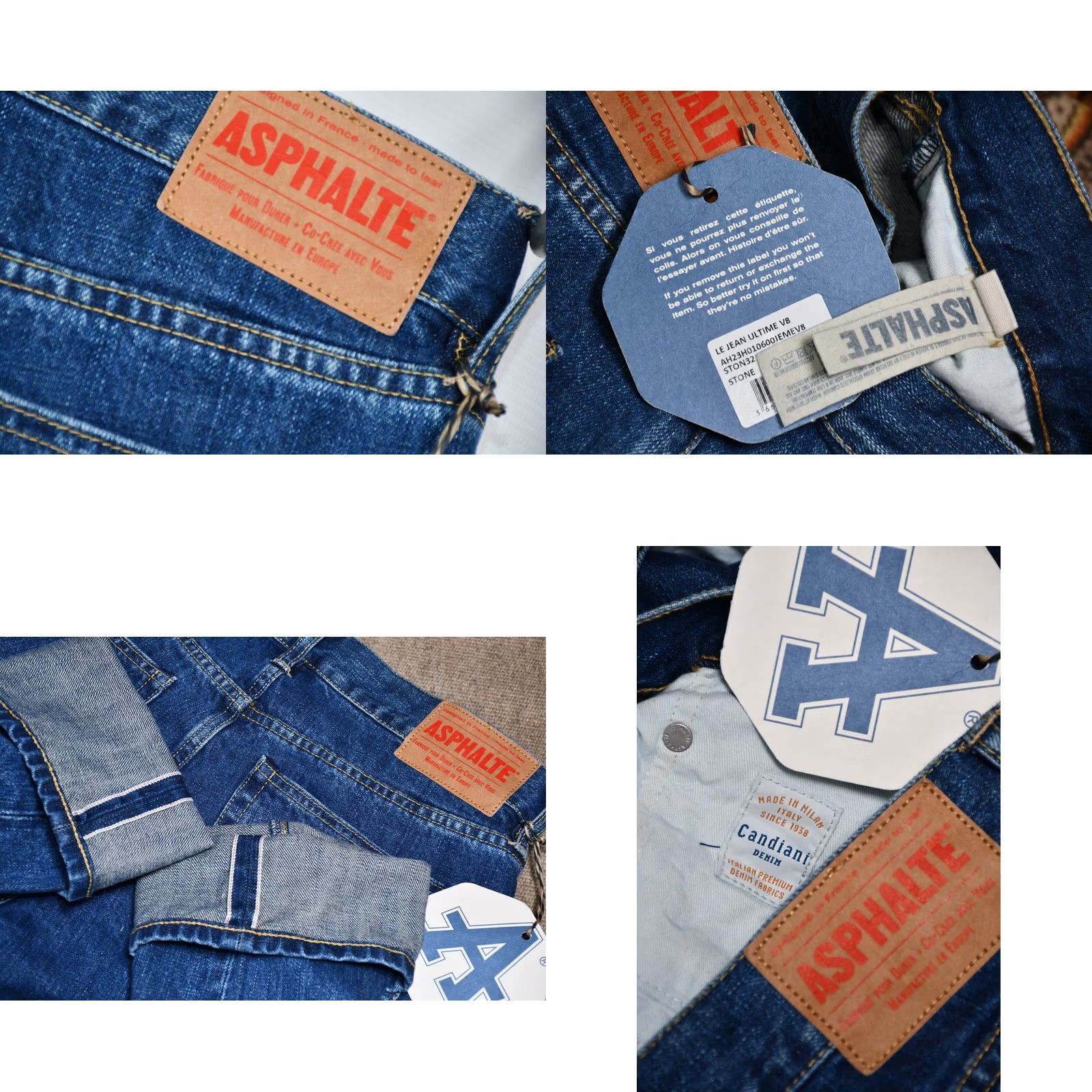 Denime ASPHALTE Candiani Selvedge Denim Jeans Men W32 5-Pocket Design Blue Cotton Regular Inseam 32.68 inch INSEAM 32” W32 Blue Denim Jeans Mens Size US 32 / EU 48 - 8 Thumbnail