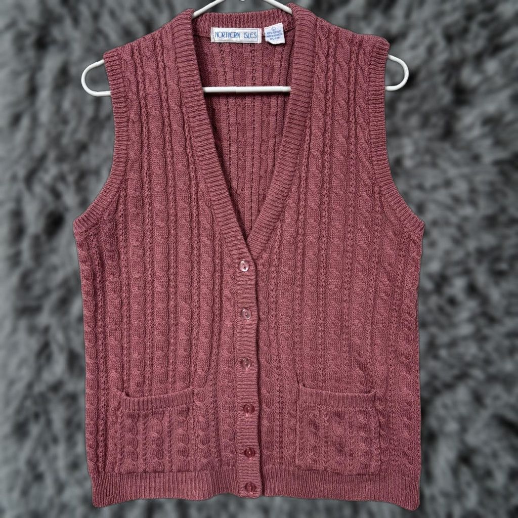 Vintage Northern Isles Vest Women L Pink Cable Knit Pockets V-Neck Sleeveless Sweater Knit 100% Acrylic Winter - Note: remove extra spaces and punctuation. Size L / US 10 / IT 46 - 1 Thumbnail